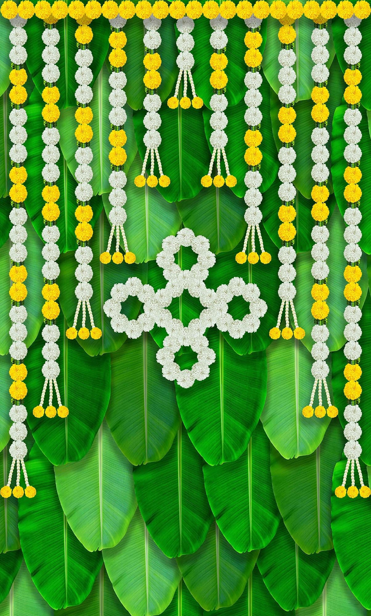 Dhara Banana Leaf White Flowers Pooja Backdrop Cloth - 5ft x 8ft Polyester Fabric for Ganesh Chaturthi, Satyanarayan Pooja, Annaprassana (Aritaku) Washable Fabric-picture-14