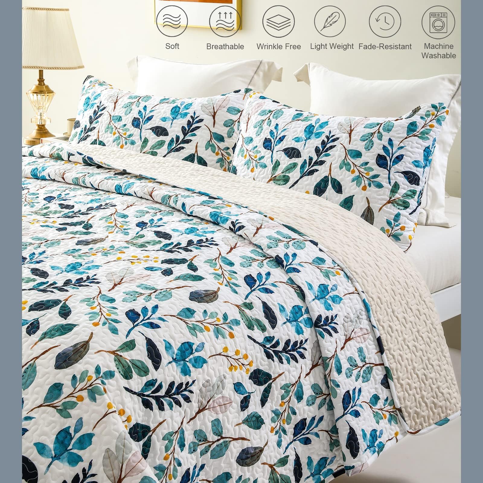 Whale Flotilla Couvre-lit 240 x 260 cm, Dessus de Lit 2 Personnes avec Motif Imprimé, jeté de lit Léger avec 2 Taies d'oreiller pour Toutes Les Saisons, Fleurs Bleu