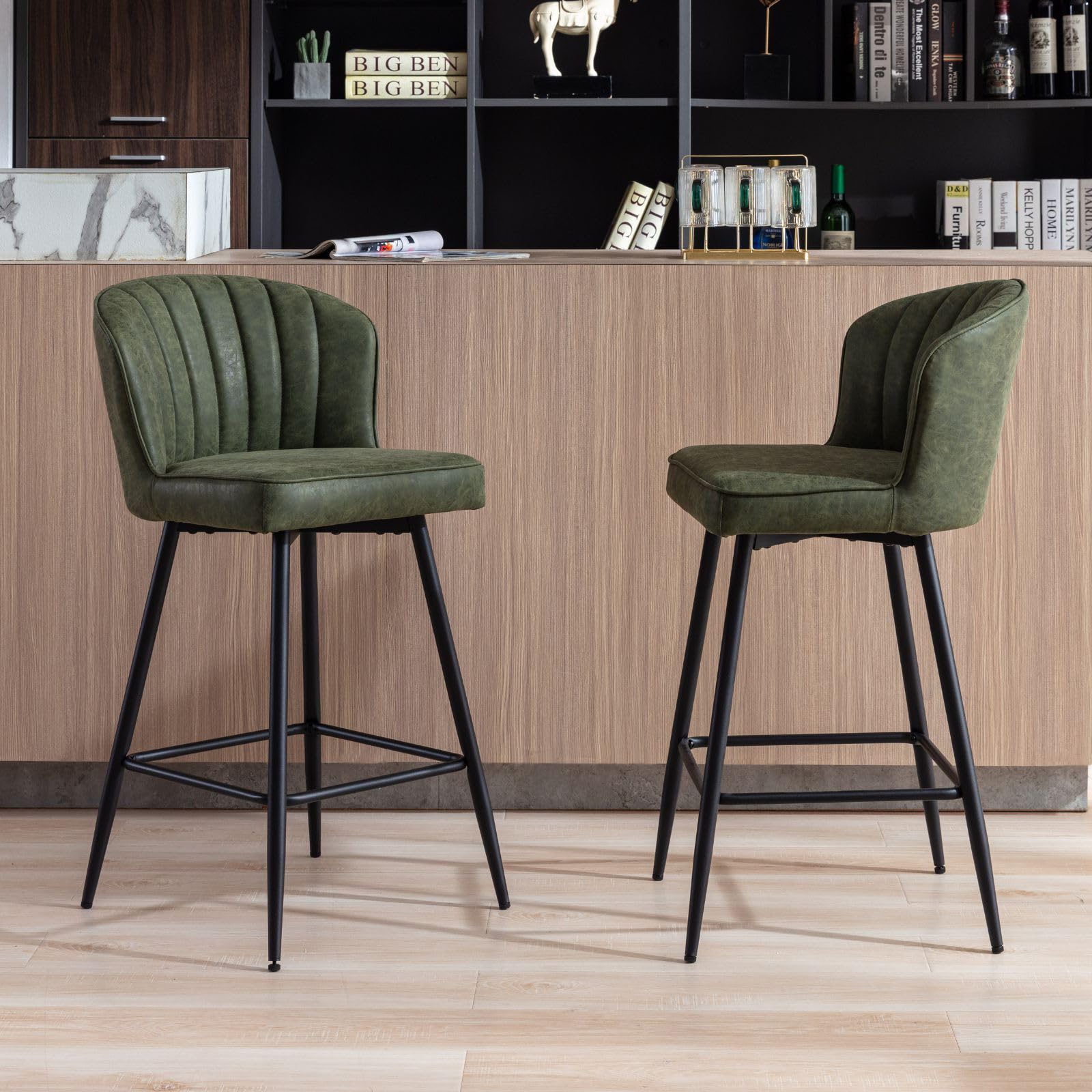 Juego de 2 Taburetes Altos de Bar con Patas de Metal，Sillas de Cocina de Cuero con Respaldo y Cojin Suave para Salon/Restaurante，Verde