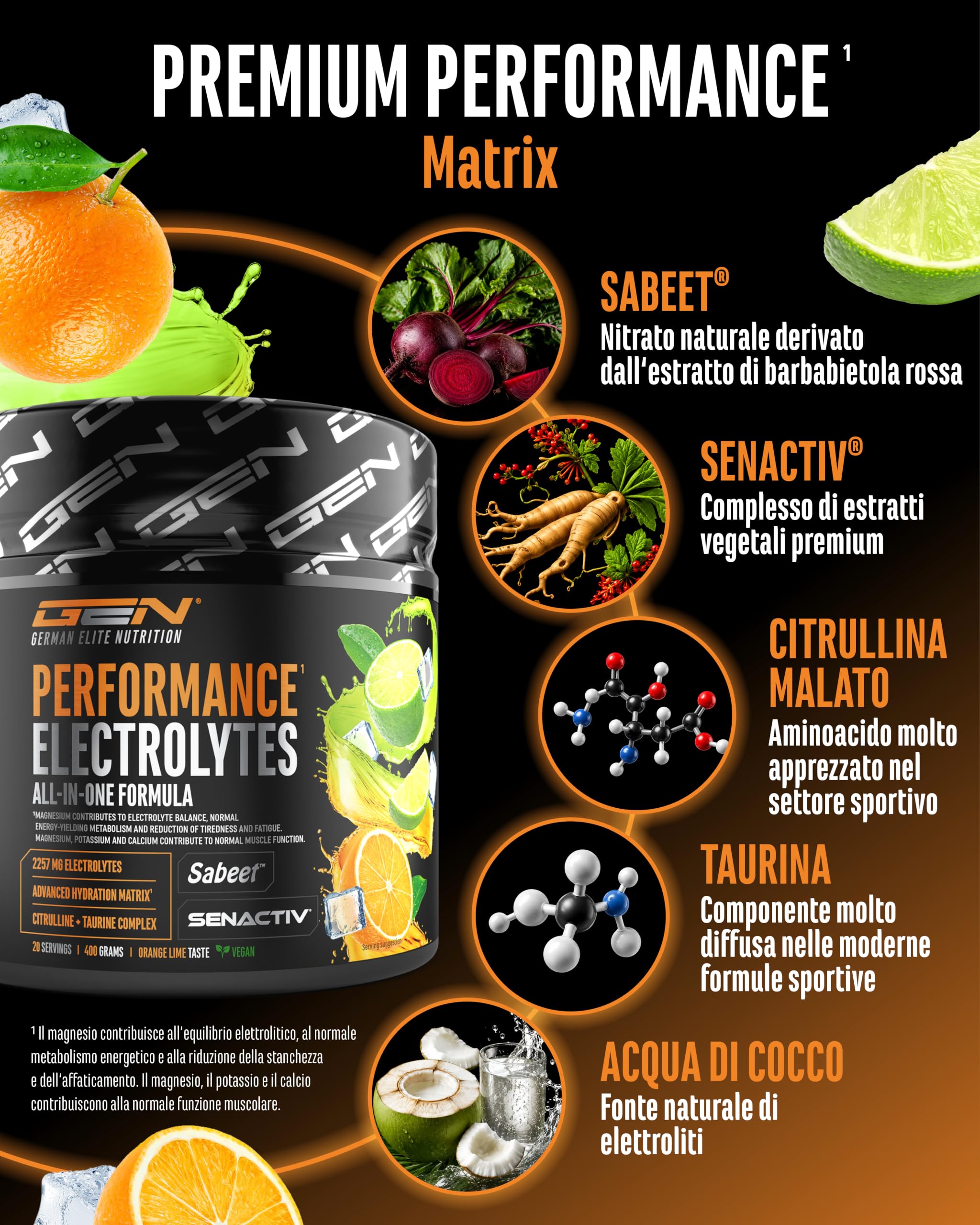 Performance Electrolytes - 400 g (20 Porzioni) - Advanced Hydration Matrix con Sodio, Potassio, Magnesio, Calcio e Cloruro - con Citrullina e Taurina - Senza Zucchero - Vegano - Gusto Arancia Lime
