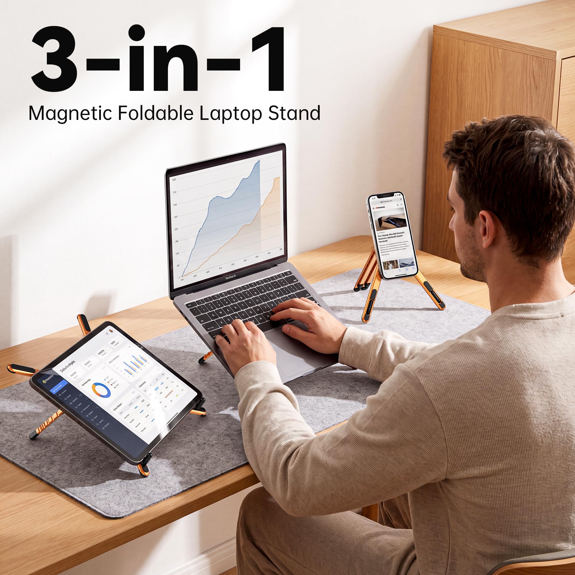 Soporte portátil para laptop, 3 en 1 magnético plegable ajustable, para escritorio | Aleación de aluminio, ligera, compacta, altura de 8 niveles, ergonómica, para teléfono/tableta, oficina en casa/viajes