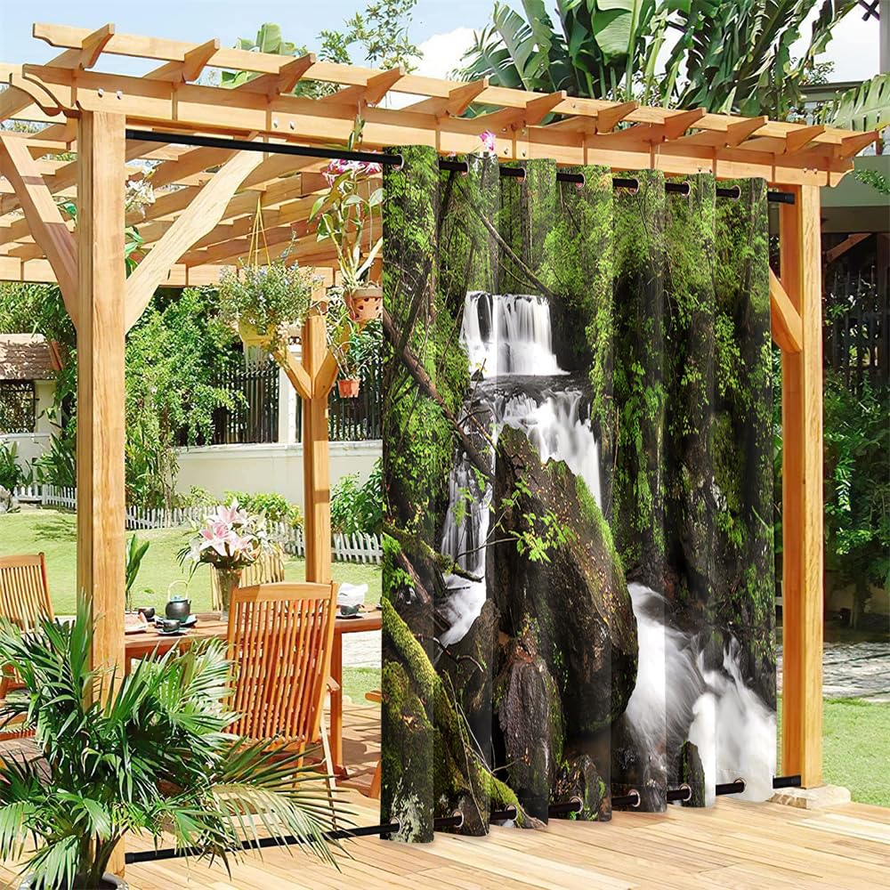 Hixingo Outdoor Curtains Waterproof Windproof, Gazebo Curtains with Grommet (Top & Bottom) for Pergola Patio Garden, Sun Protection, Extra Long - 3D Plant Print (waterfall,140x175cm)