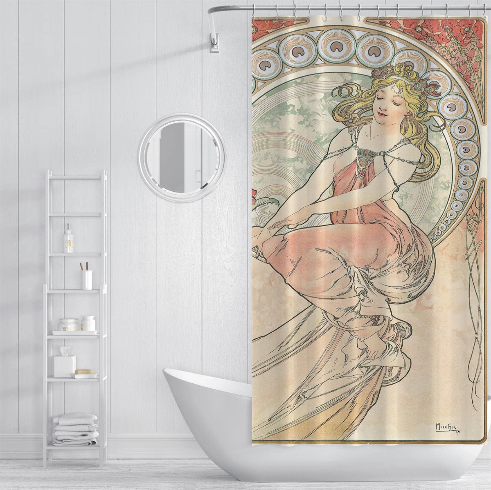 Różowe zasłony prysznicowe w stylu vintage, sztuka rokoko, tkanina poliestrowa, zestaw do dekoracji łazienki, zestaw z haczykami, Alphonse Mucha, estetyczna wanna, ochrona prywatności, 78
