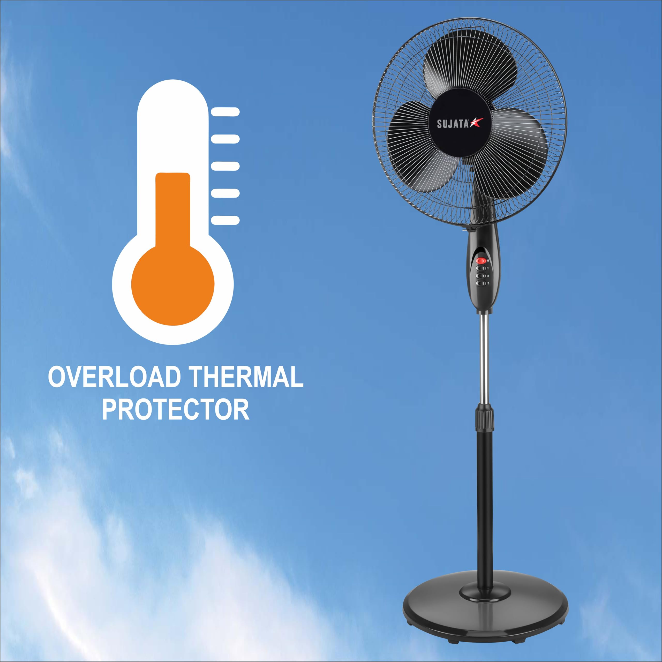 Sujata Premium Pedestal Fan 400mm | 2 Year Warranty | Stand Fan for Home | 1350 RPM | 100% Copper Winding Motor | Oscillating Pedestal Fan with High Air Delivery | 3 Speed Control (SPF09 - Black) 3