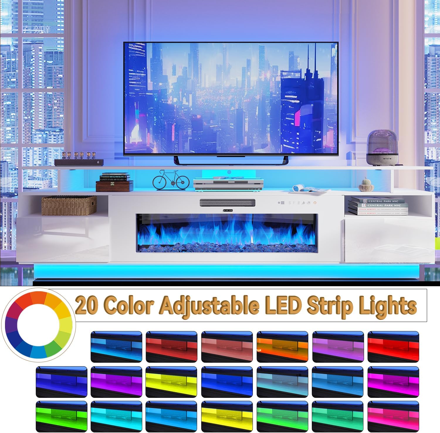 FJTJBSI 70" Fireplace TV Stand with 36" Electric Fireplace Entertainment Center with Charging Station and LED Light Console Table for Television up to 80 inch with Storage for Living Room