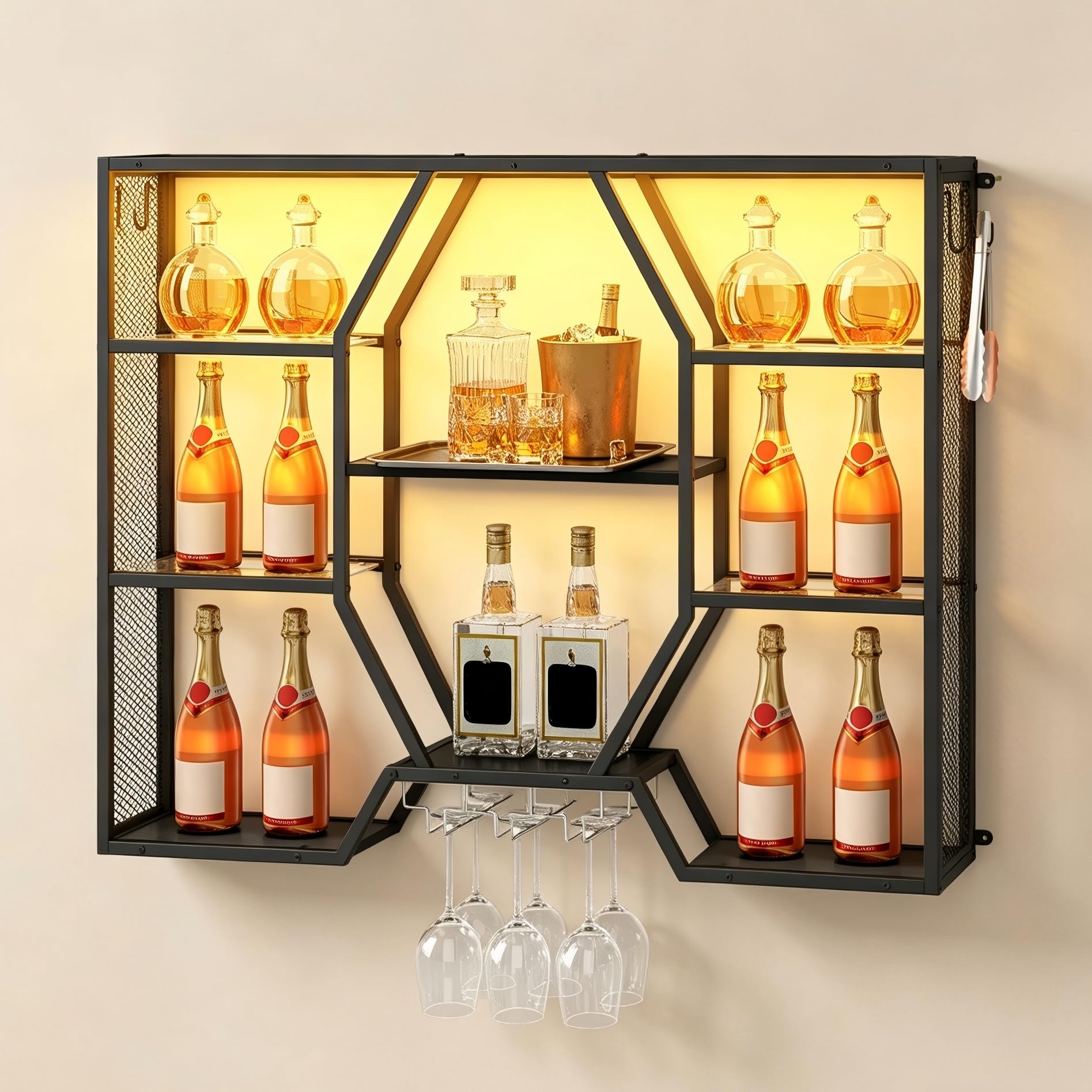 ARTETHYS Wall Mounted Wine Rack with LED Light, 100cm Bar Shelves