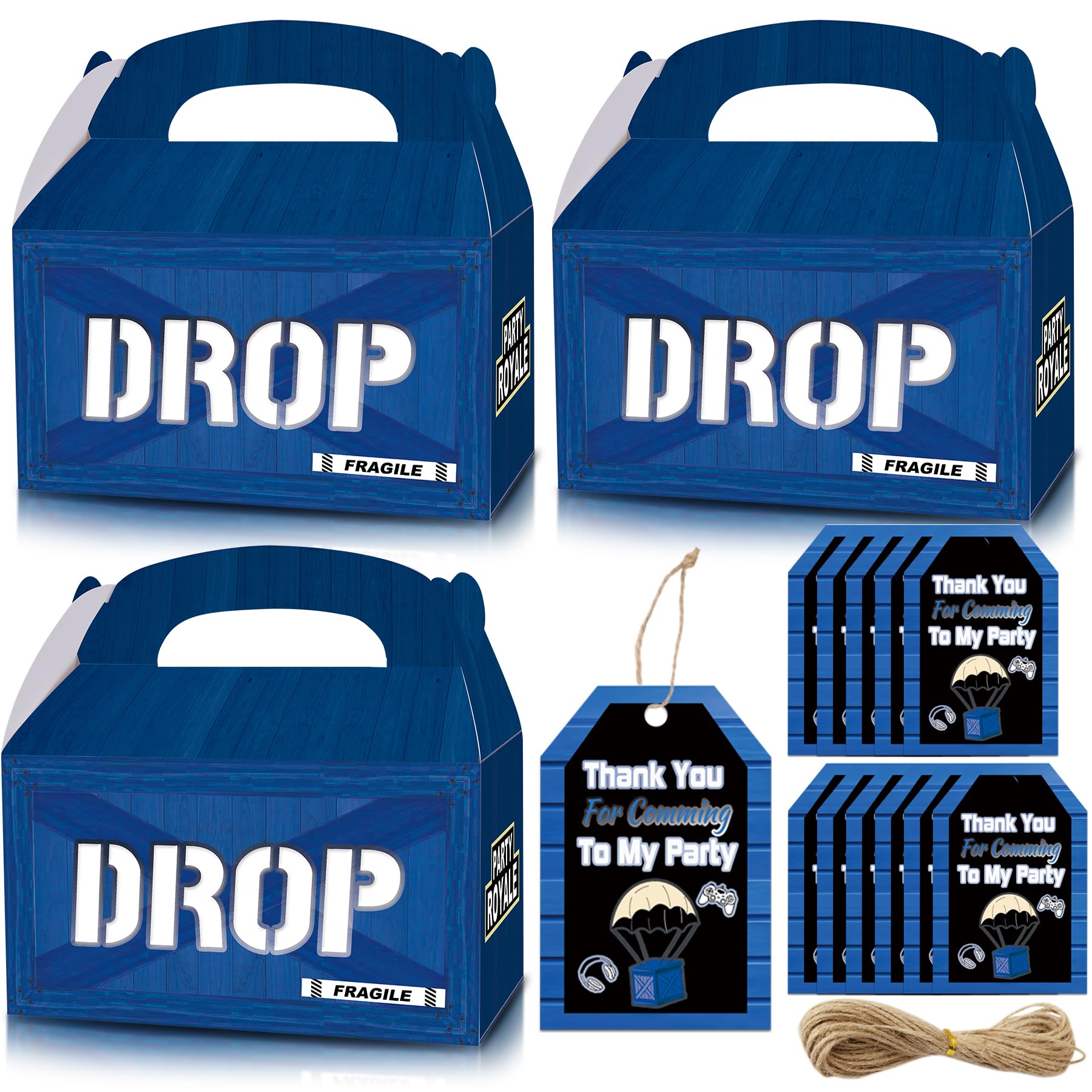 Apinwin Vedio Game Military Supplie Loot Blue Drop Boxes 24Pcs with Thank you Gift Tags 24Pcs, Battle Gaming Theme Party Favor Gift Box for Birthday Baby Shower Anniversary Decorations
