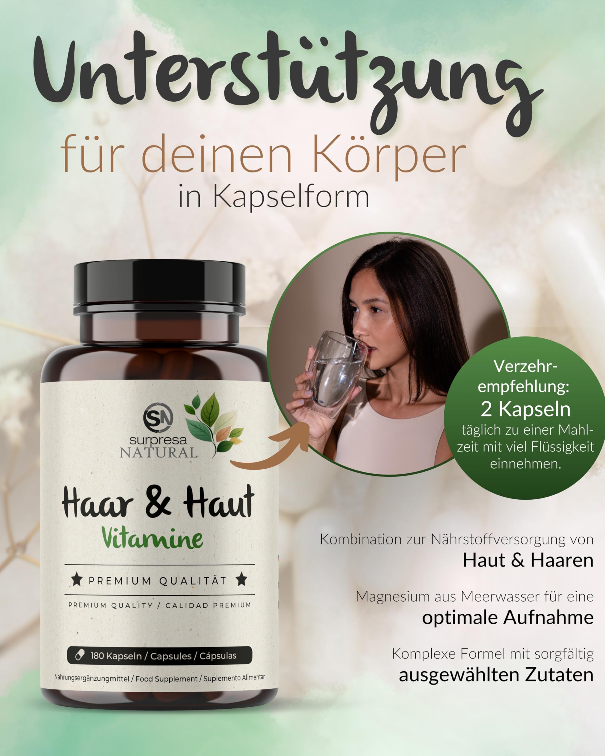 Haut & Haar Kapseln hochdosiert I 3x 180 Kapseln I 200mg Brennessel-Extrakt & Hirsesamen pro Kapsel I Haut & Haar Vitamine I Nahrungsergänzungsmittel vegan & laborgeprüft
