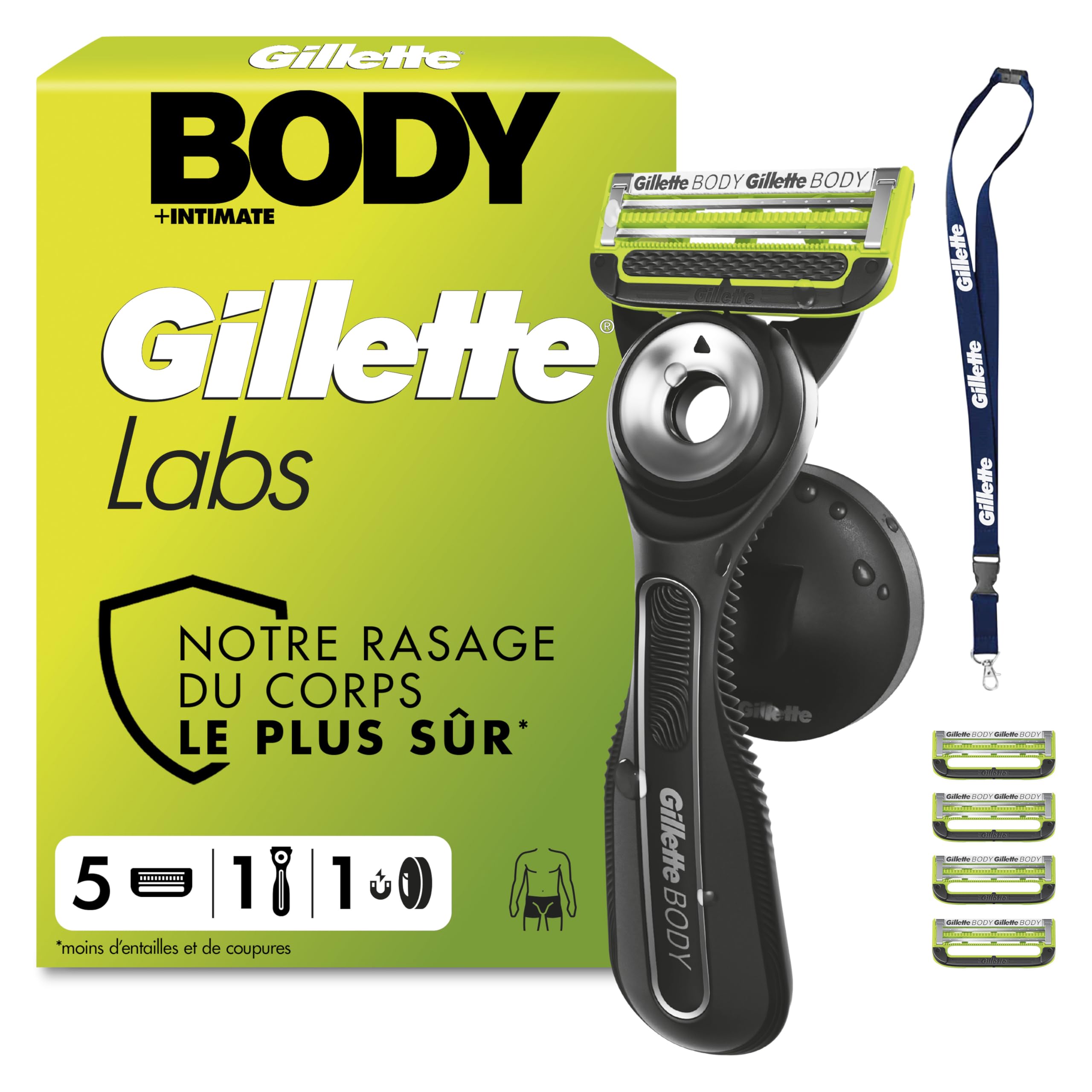 Gillette Labs Body + Intimate Rasoir Intime Homme pour Le Rasage du Corps Et du Pubis, Cartouche De Lames avec Une Barre Anti-Poils Incarnés, Manche Facile A Gripper, 5 Recharges, Tour De Cou | Conçu pour le Rasage du Corps et du Pubis, Lames avec une Bar