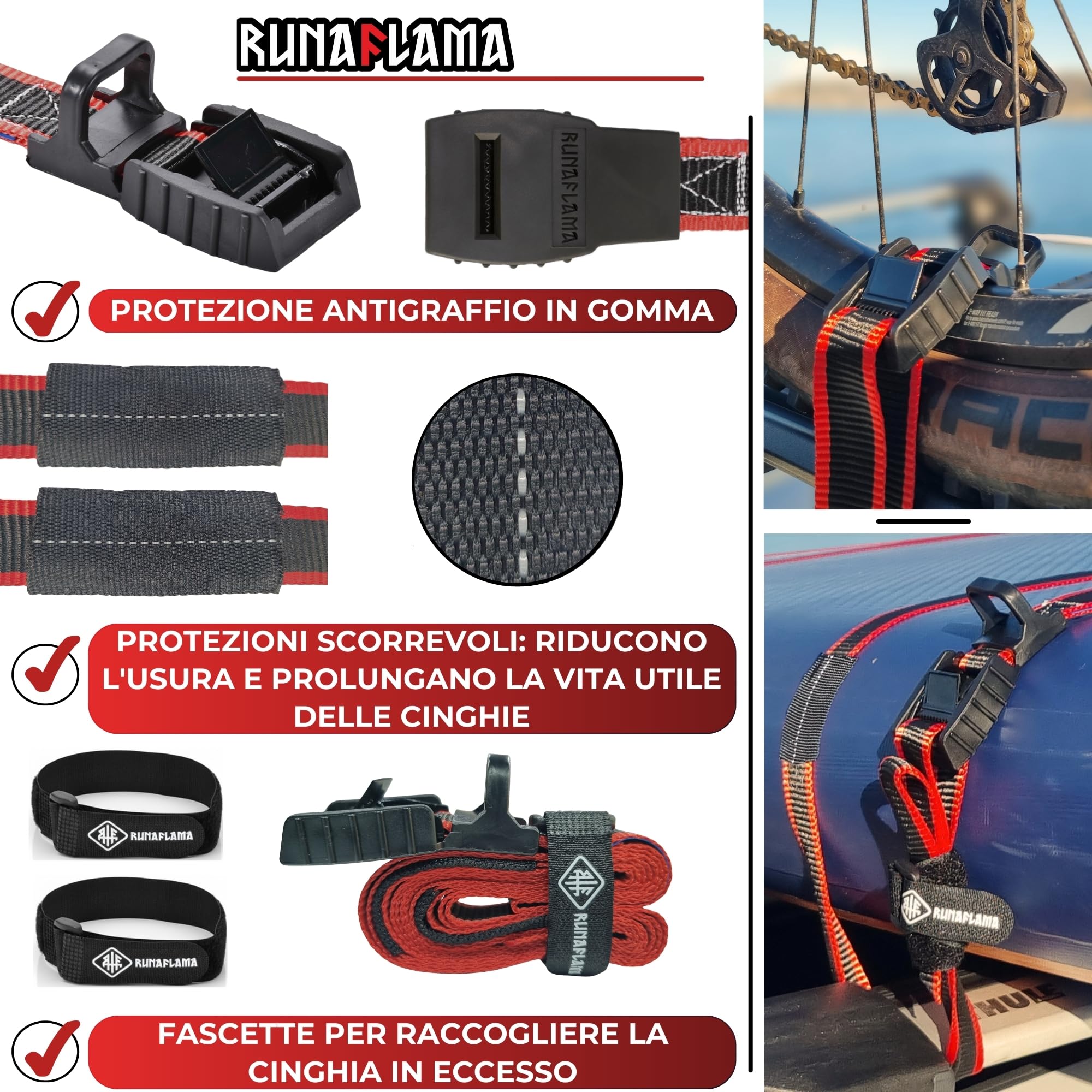 Cinghie di Fissaggio Lunghe per Portapacchi, Box Tetto Auto e Portabici, Surf, Paddle Surf e Kayak, Trasporto Moto e Carichi, 500 kg per Cinghia, Protezione antigraffio, 2 Pezzi 4,5 m Nero - 4