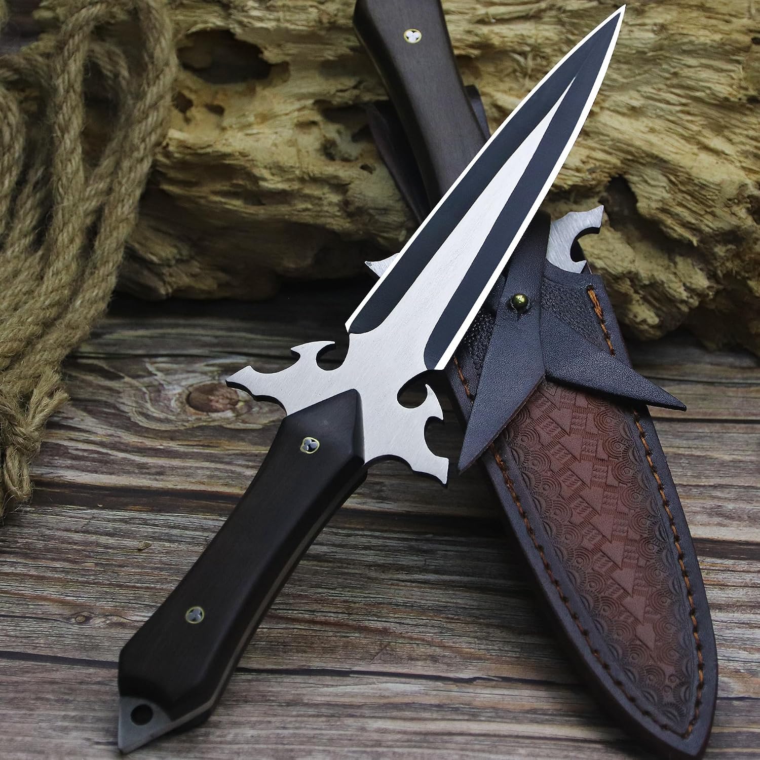 WPKOPYA USA - 10.4in 440c full tang-grain Sandalwood Handle Outdoor Hunting Knife + Leather Sheath, suitable for camping survival, fishing, hiking, and daily carrying of tools.