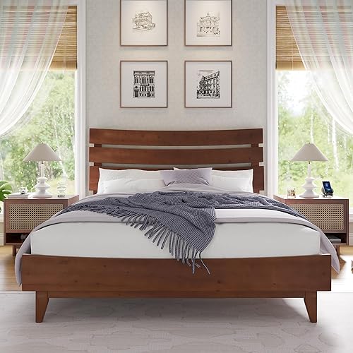 VanAcc Queen Size Solid Wood Bed Frame, Mid Century Platform Beds with Slatted Headboard, Wood Slat Support/No Box Spring Needed/Noise Free/Walnut
