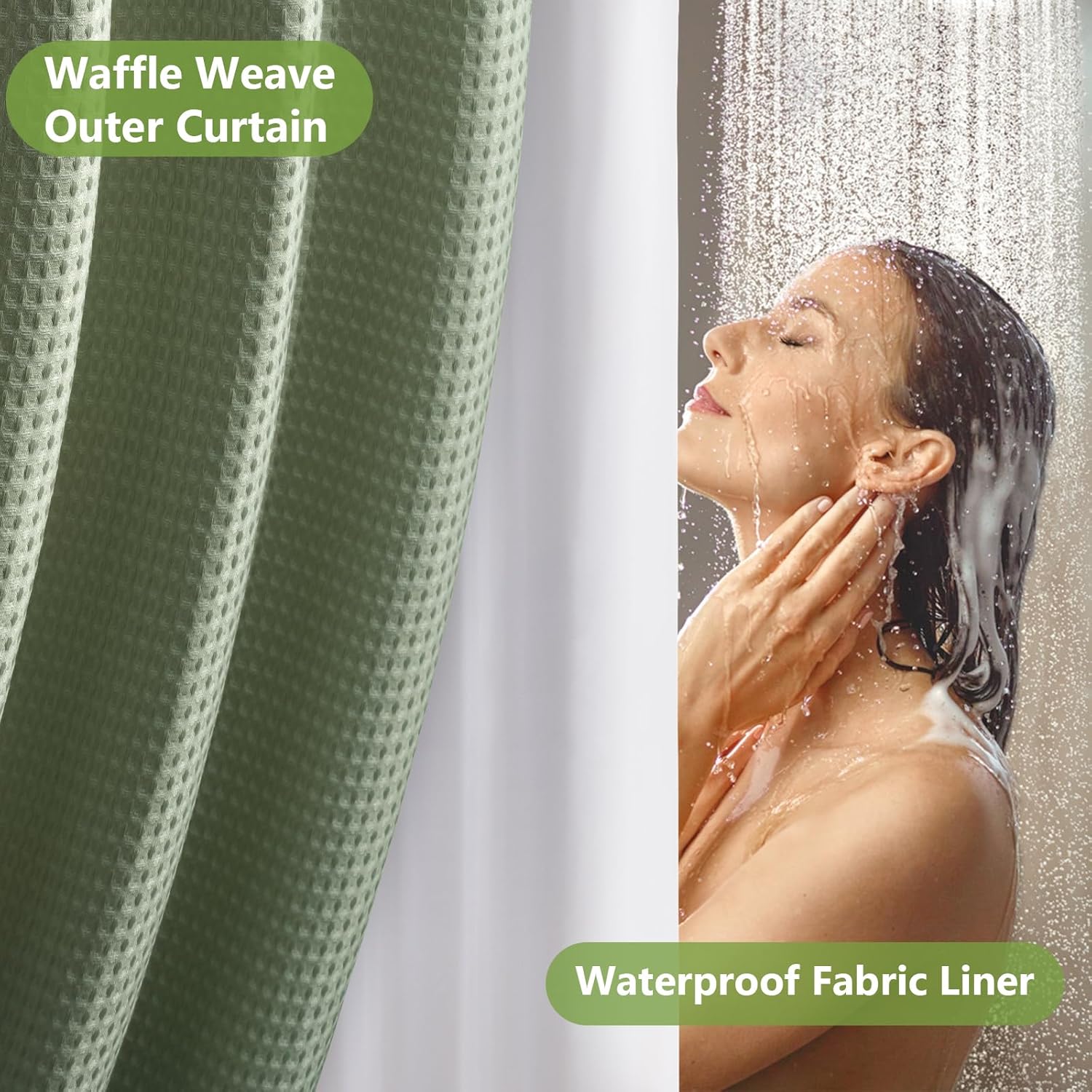 FY&XZH Waffle Shower Curtain Set with Waterproof Fabric Liner and 12 Stainless Steel Hooks Double Sided for Bathroom, 3 in 1 Heavy Duty Polyester Shower Curtain, Machine Washable, 72"x 72"(Green)