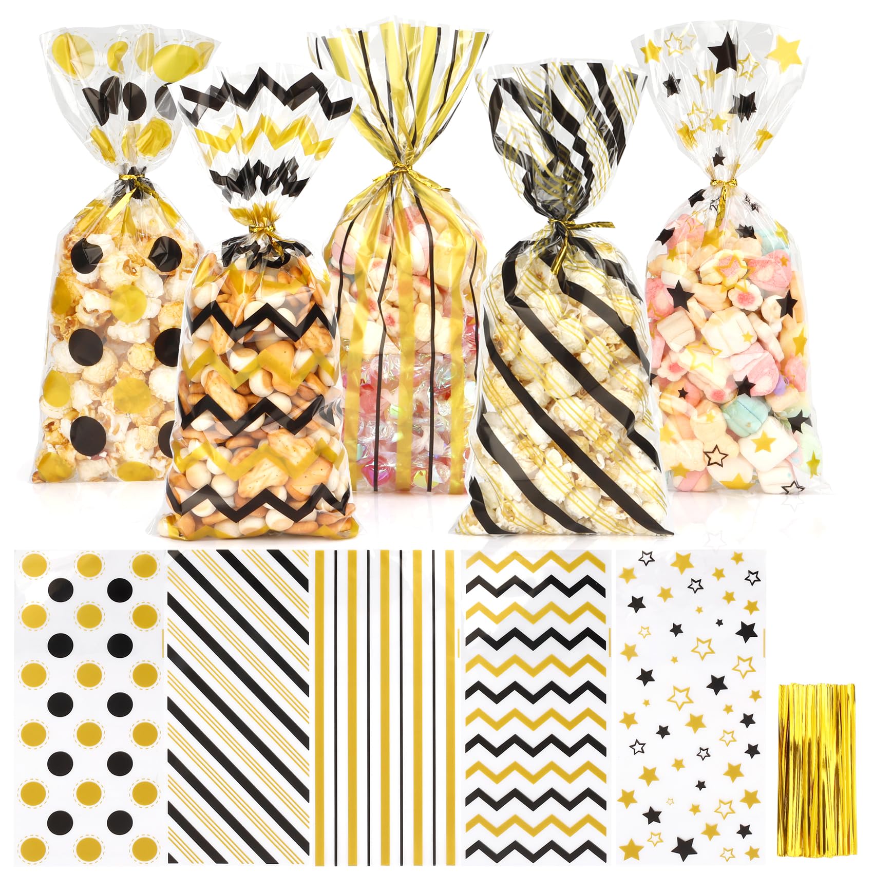 Graduation Treat Bags, Graduation Cellophane Treat Bags, 100 PCS Graduations Gift Bag, Black Gold Cello Grad Candy Cookie Snack Goodie Bag with 100