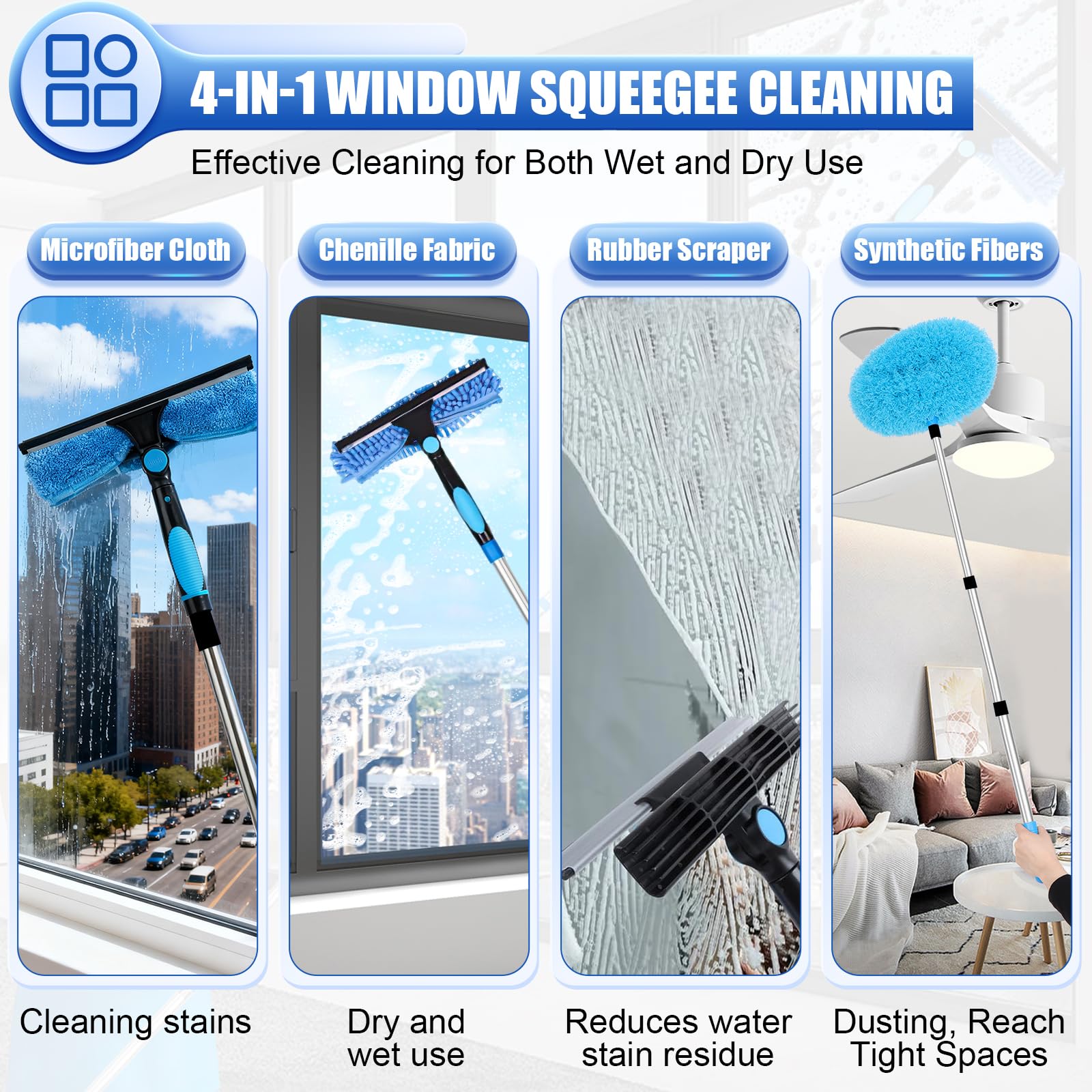 4-in-1 Teleskop Fensterwischer Set – Ausziehbar bis 4m, 360° Drehbarer Kopf, Mikrofasertuchbürsten, Stauber & Gummischaber, Fensterputzer Set für Fenster, Dusche, Auto und Glasreinigung (Blau)