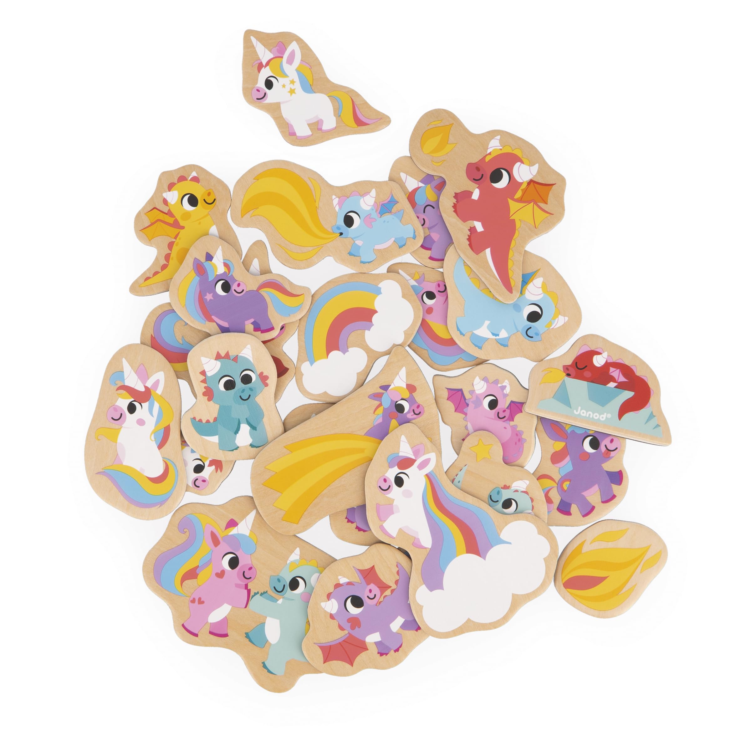 Janod - 24 Magnetic Wooden Magnets - Unicorns and Dragons Theme - Wooden Toy - Ideal for chalkboard or fridge - Magnetic Educational Game, to Manipulate, Experiment - From 2 Years, J09645