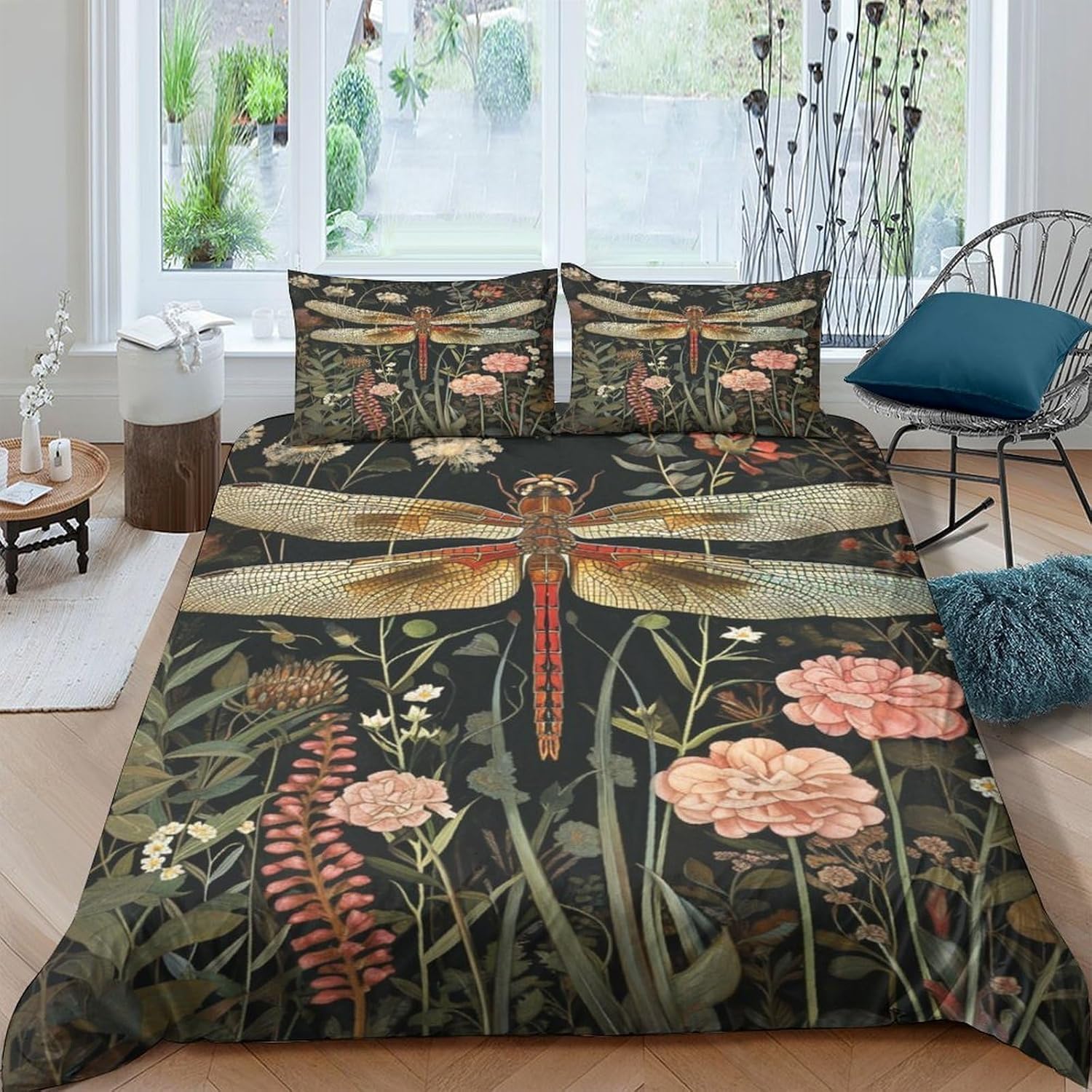 Housse de couette libellule 240x220 cm avec parure de lit microfibre 3 pièces et taies d'oreiller