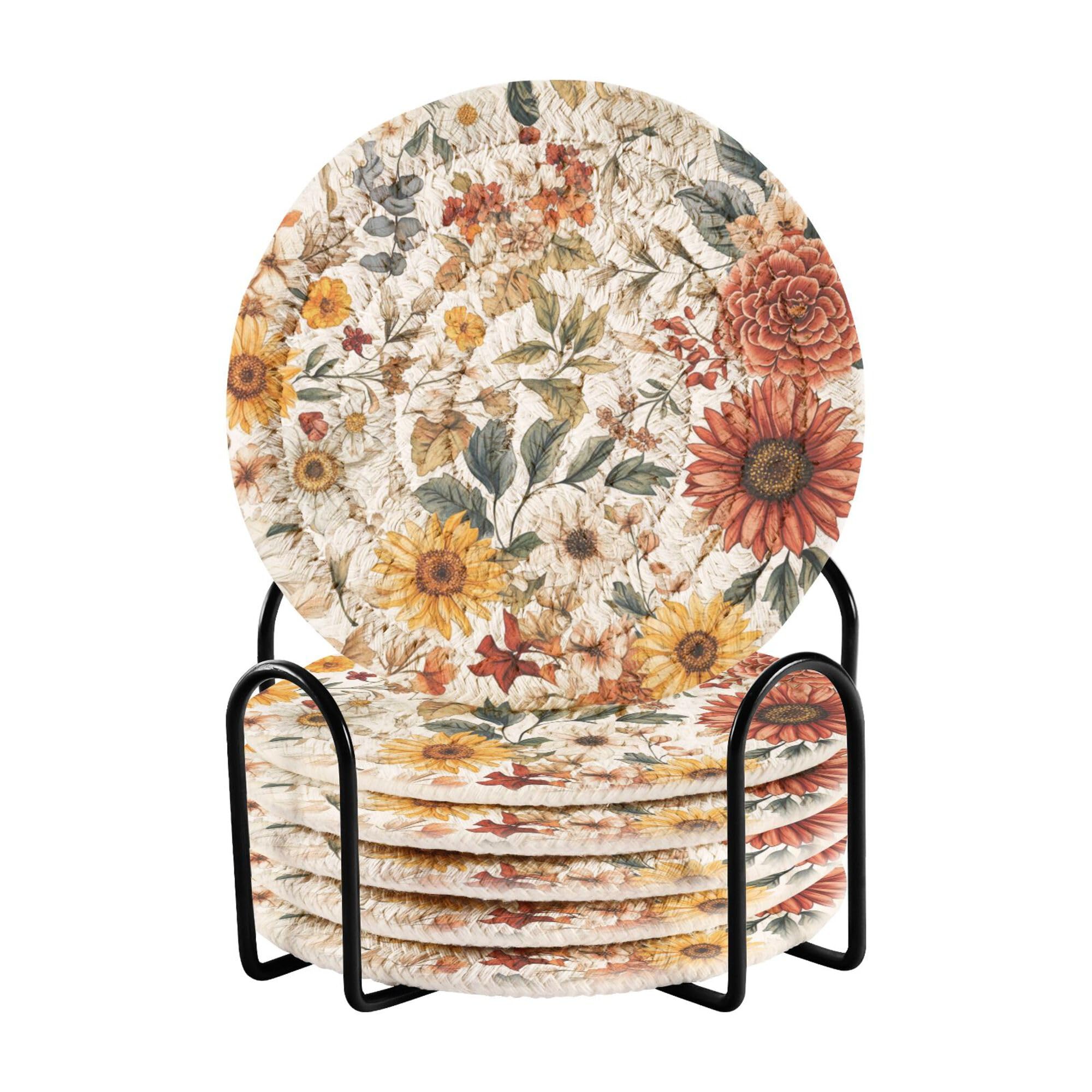 Fall Dahlia Daisy Sunflower White Cotton Rope Casters Set with Holder 6 Pack Cotton Coasters