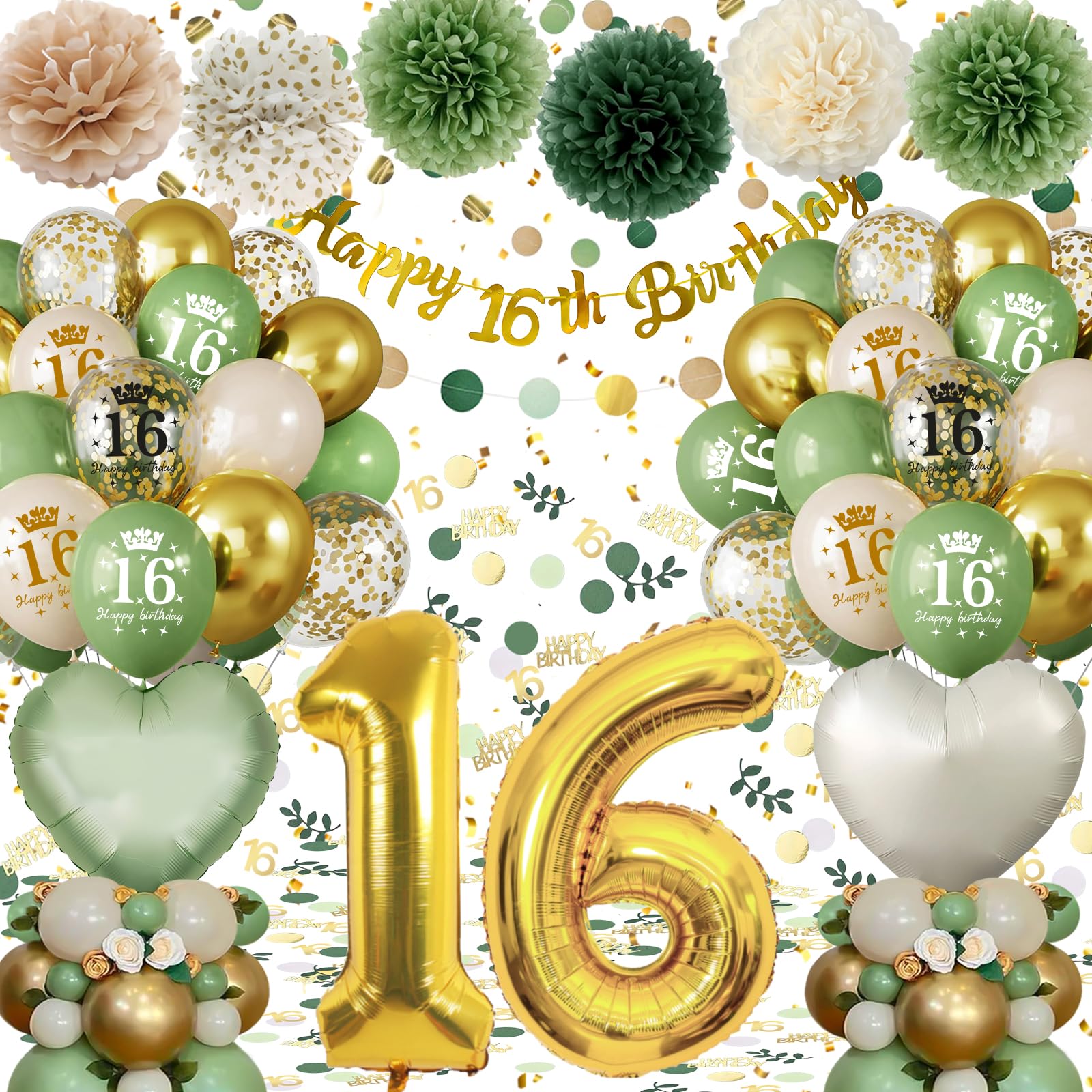 16th Birthday Decorations for Boy Girl,Sage Green Gold 16th Birthday Balloons,Happy 16th Birthday Banner Decorations, Heart Balloons, Confetti for Party Decorations,16th Birthday Gifts for Girl Boys — image 1
