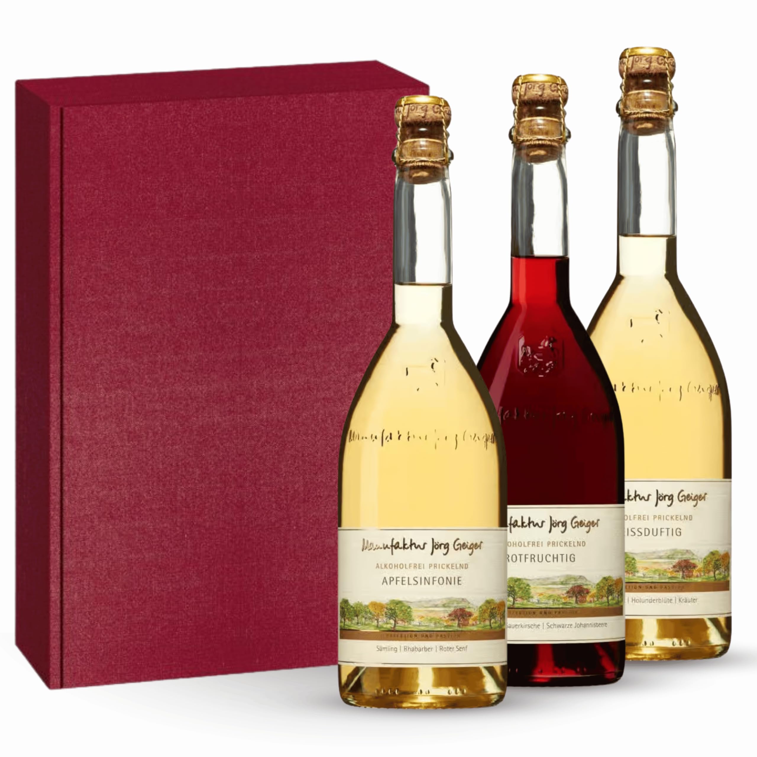 Jörg Geiger 3er-Set im Geschenkkarton | Weißduftig, Rotfruchtig, ApfelSinfonie | Alkoholfreies Weinpräsent (3 x 0,75l)