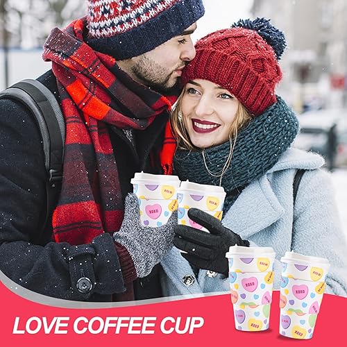 Miniatura 6 de Paquete de 48 tazas de café desechables para el día de San Valentín de 16 onzas con tapas y fundas para conversación con corazones para llevar,
