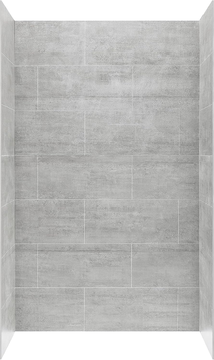 Ove Decors Misty 48 x 32 in. Solid Surface Alcove Shower Wall in Horizontal Grey Tiles
