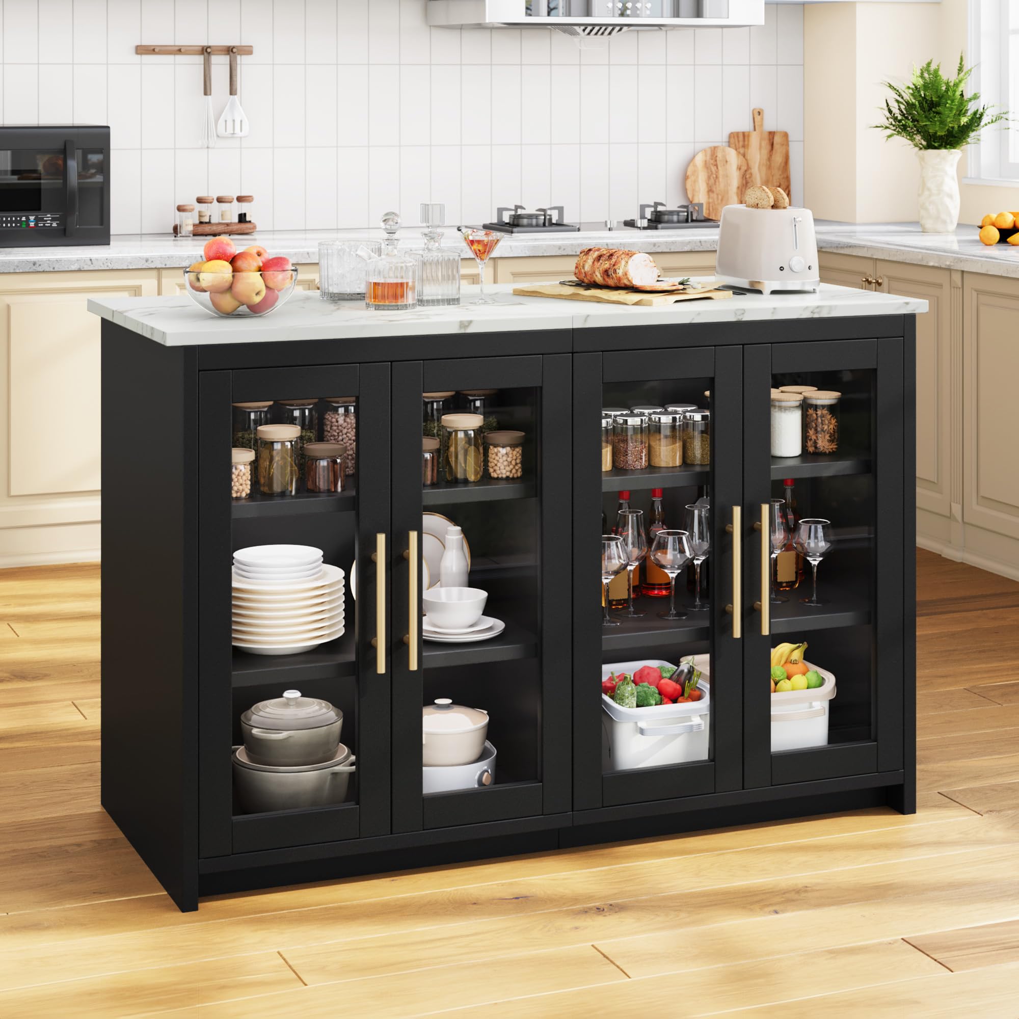 YITAHOME kücheninsel mit arbeitsplatte, Steckdose und LED-Beleuchtung, Frühstückstisch mit Sitzgelegenheit, Doppelschrank mit Acryl-Fronten, dreistufiger Verstellbarer Schrank, Marmoroptik