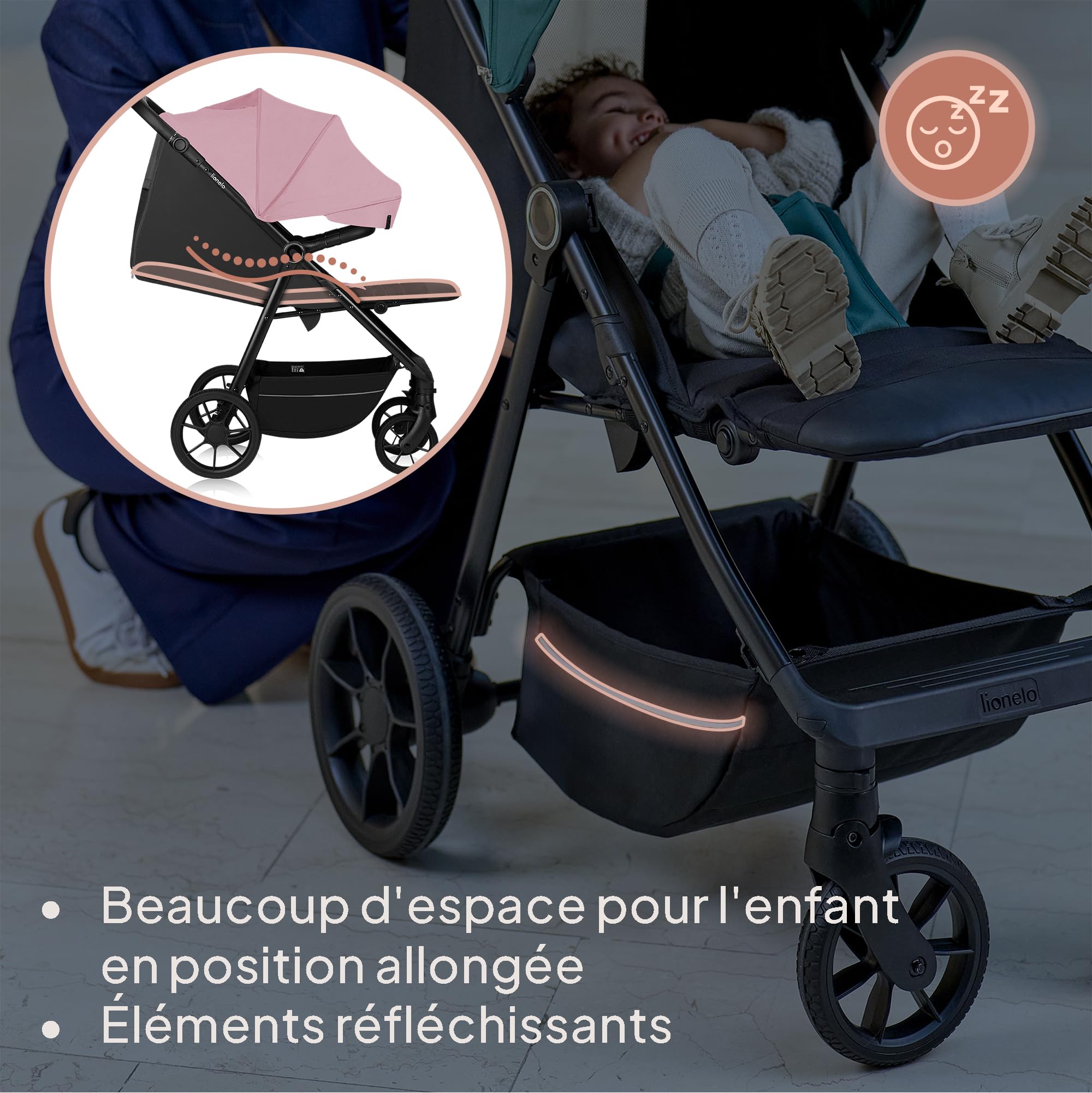 LIONELO MIRA Poussette Canne 22 kg 6 mois-4 ans Roues Pivotantes 360° Amortissement Total Chocs Dossier Repose-pieds Réglables Auvent XXL UPF50+ Panier 3 kg Rose