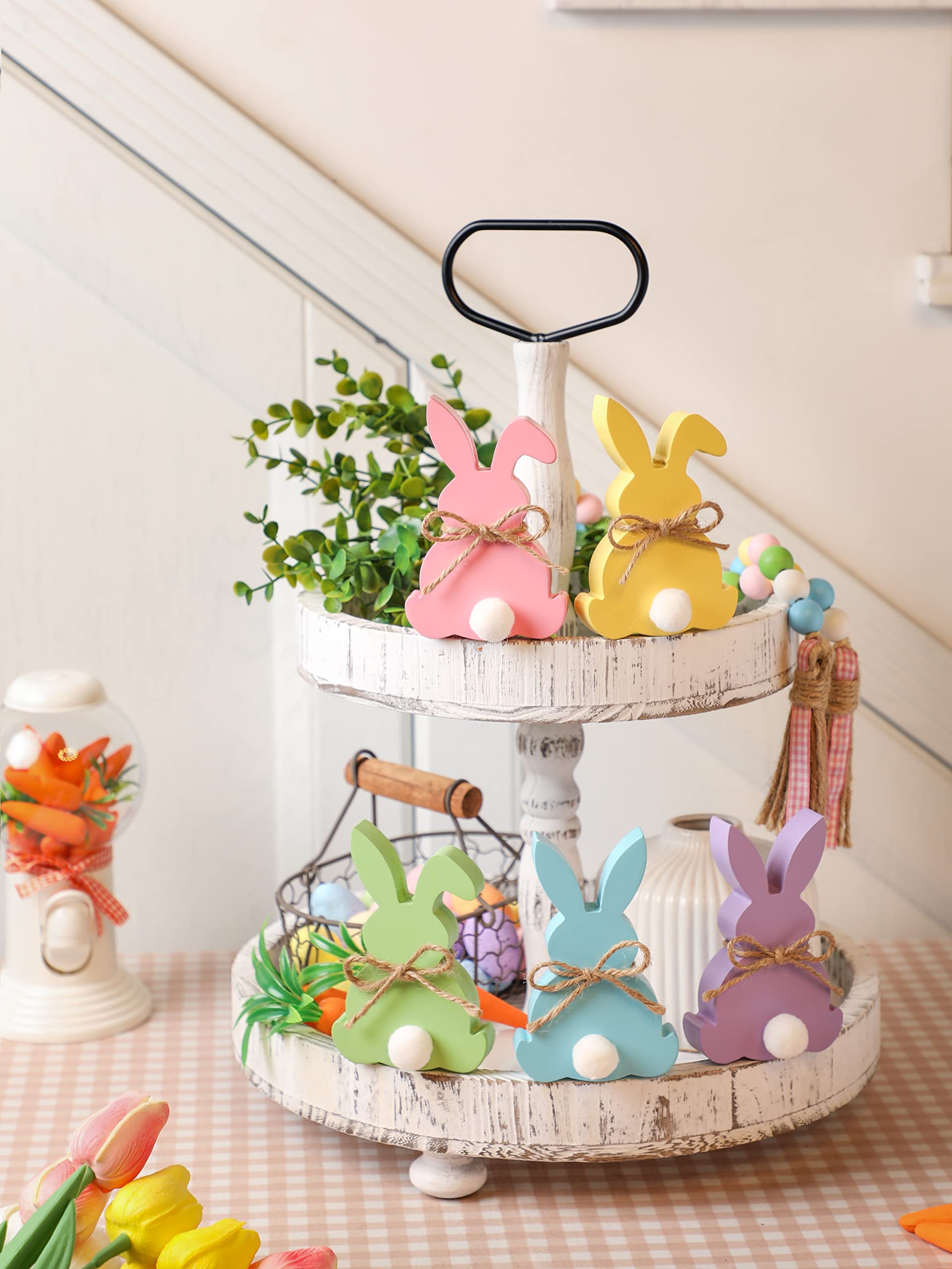 5 letreros de madera de conejo de Pascua para decoración de mesa de Pascua con forma de conejo