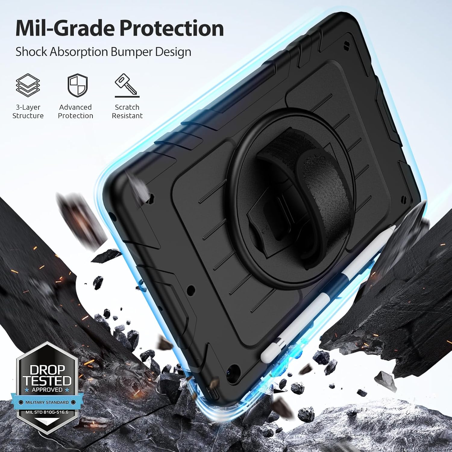 BJF for iPad 9th/8th/7th Generation case 10.2 inch,Heavy Duty Full-Body Shockproof Protective case with Pencil Holder Built-in 360° Rotating Hand Strap.2021-2019 (Black) - Image 2