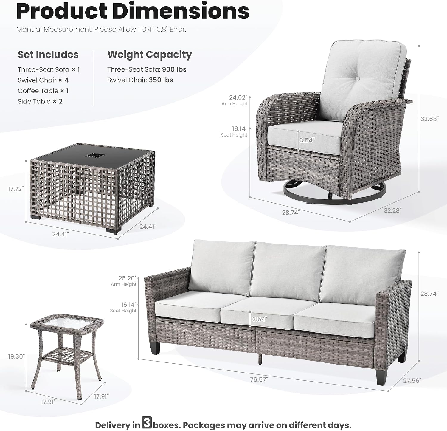 Diagram showing detailed dimensions and weight capacities for the sofa, swivel chair, coffee table, and side table.