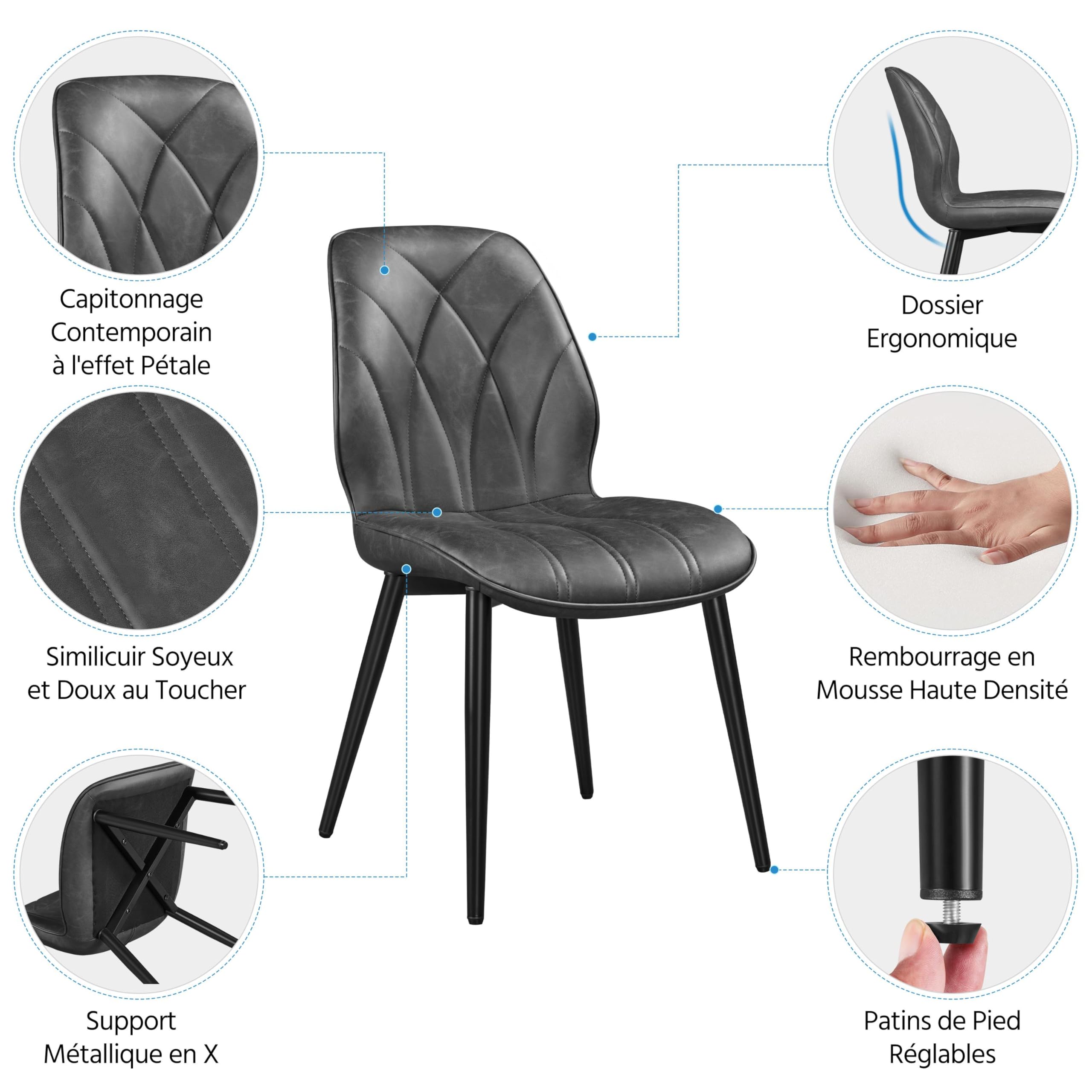 Yaheetech Chaises de Salle à Manger Lot de 4 Assise en Similicuir Dossier Ergonomique Chaises de Cuisine Moderne Bien Rembourrée Sièges de Chambre Cadre en Métal 58,5 × 44 × 82 cm Gris Foncé