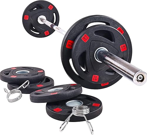 Miniatura 2 de Signature Fitness Placas de peso olímpicas de hierro fundido de 2 pulgadas, incluye barra olímpica de 7 pies, 130 libras, 300 libras o 325 libras,