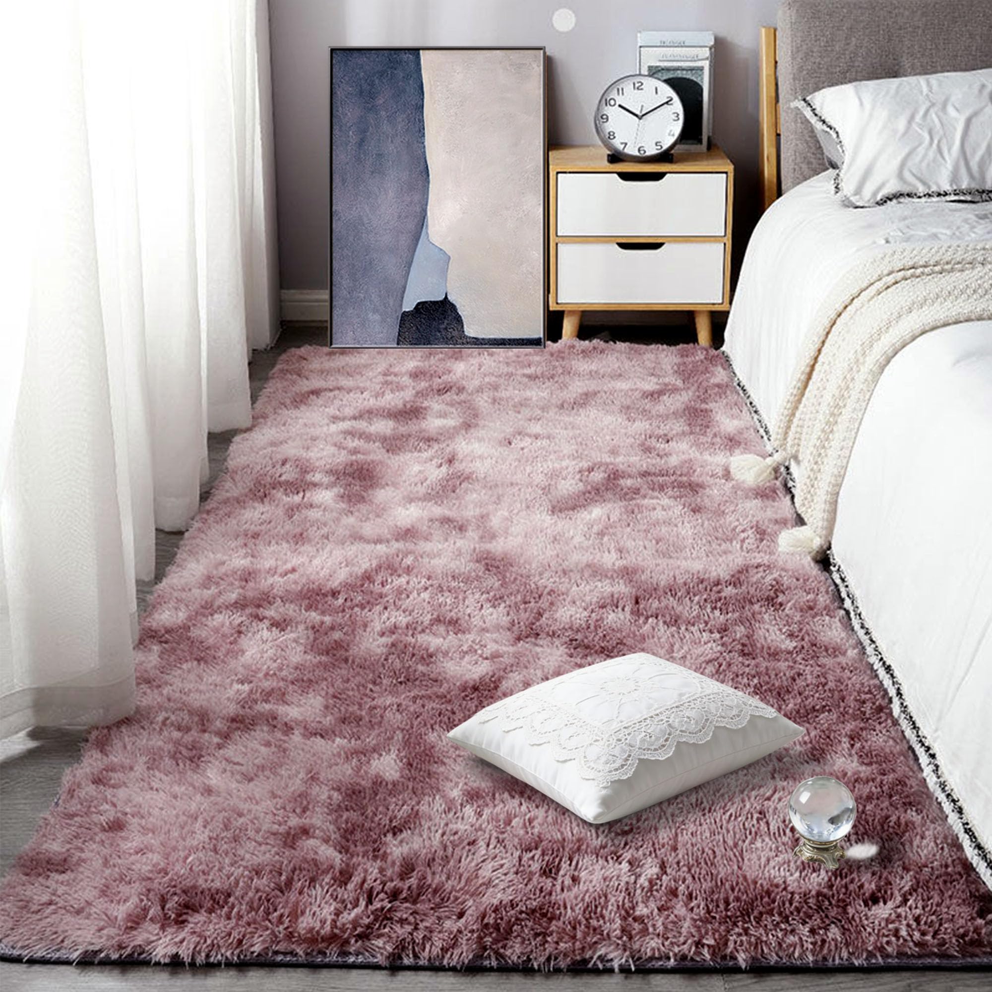 Tapis moelleux chambre 290x350 grand format à poil long rose pourpre pour salon moderne
