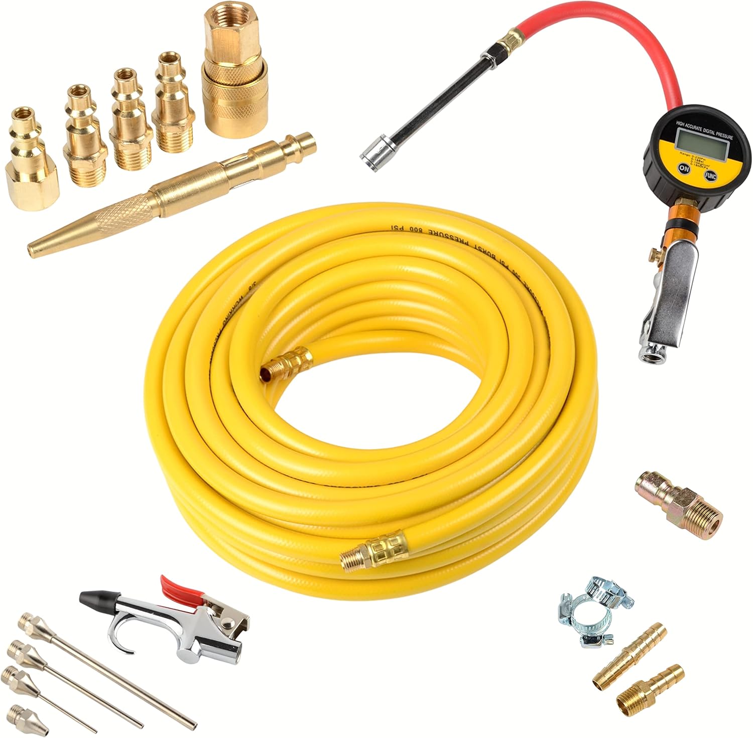 ATE Pro. USA- 19pc Air Tool & Accessory Combo Kit, 50' x 3/8" Air Hose, Air Chuck w/Digital Tire Gauge, Brass Air Coupler Set, Air Hose Repair Kit, Air Blow Gun Kit, 3/8" x 1/2" Quick connect Adapter