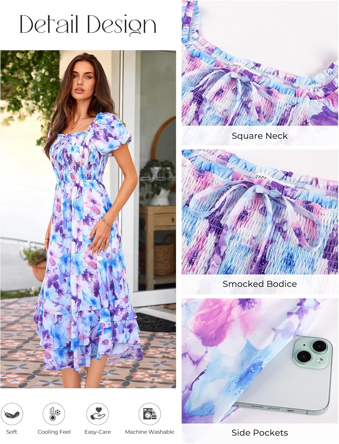 GRACE KARIN Womens Summer Dresses 2026 Puff Short Sleeve Floral Wedding Guest Dress Smocked Tiered Maxi Dress with Pockets - Image 4