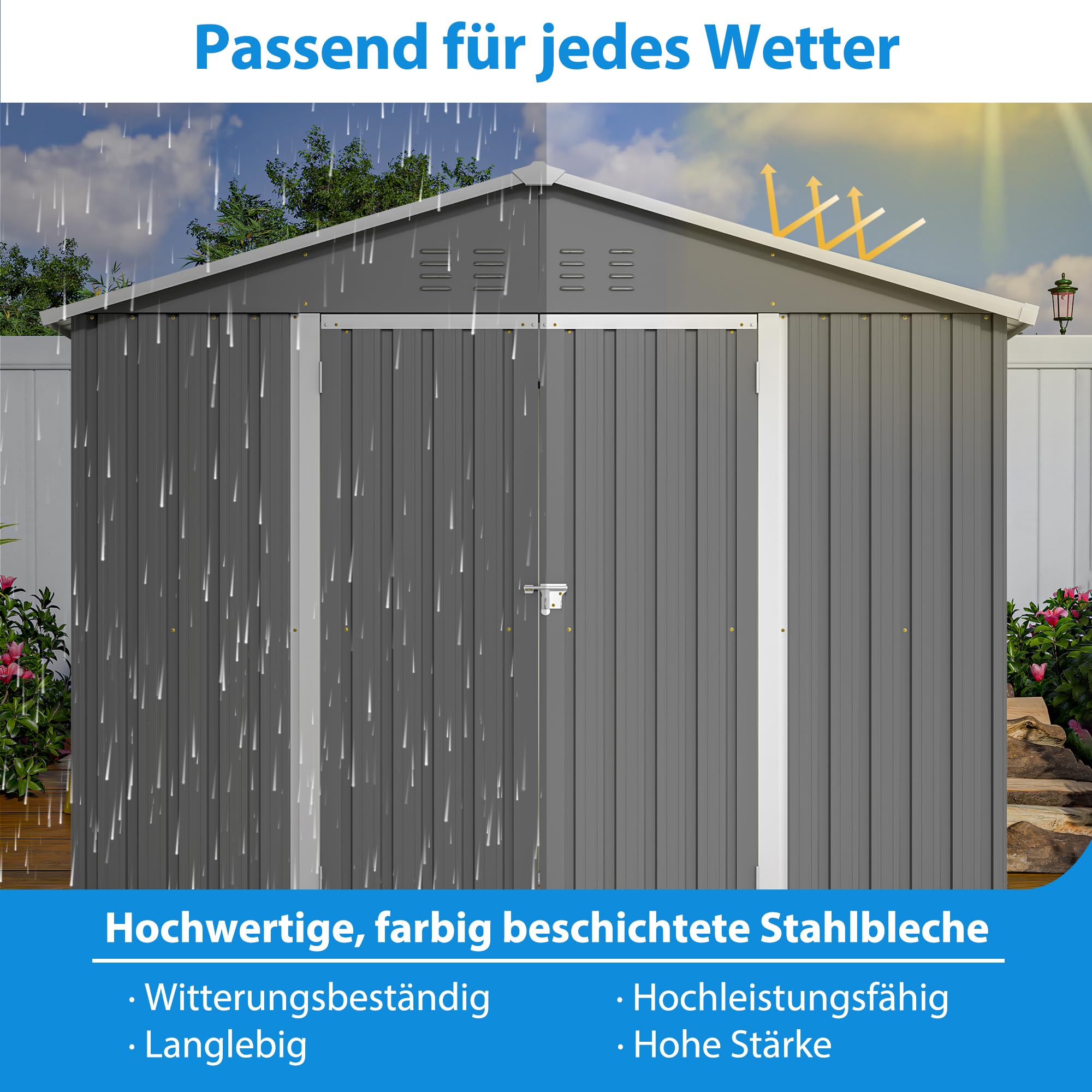 Thanaddo 8×6ft Gerätehaus Metall Groß Geräteschuppen 240x192x191 cm mit Fundamentrahmen, Wetterfest Gartenhaus mit Satteldach & Abschließbarer Tür, Gartenschuppen für Outdoor Garten Hinterhof, Grau