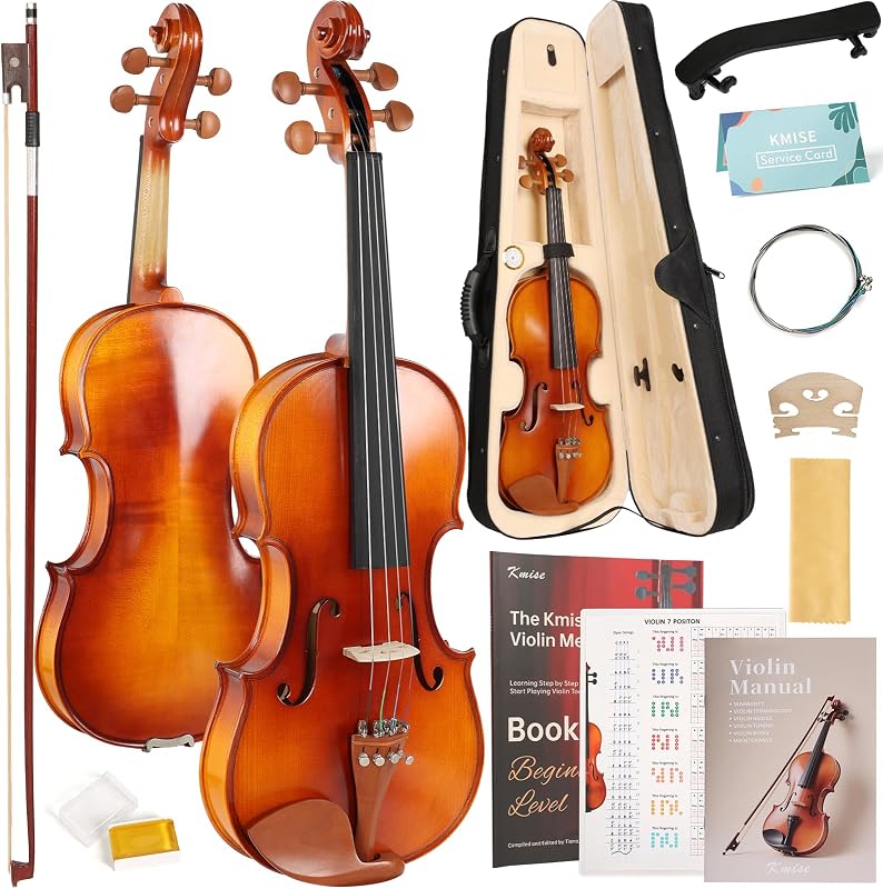 Kmise Violin 4/4 Full Size Starter Kit for Students Beginners Adults, Tough Jujube Wood Acoustic Fiddle Set with Hard Case, Bow, Rosin, Extra Strings, Shoulder Rest, Guide & Chart