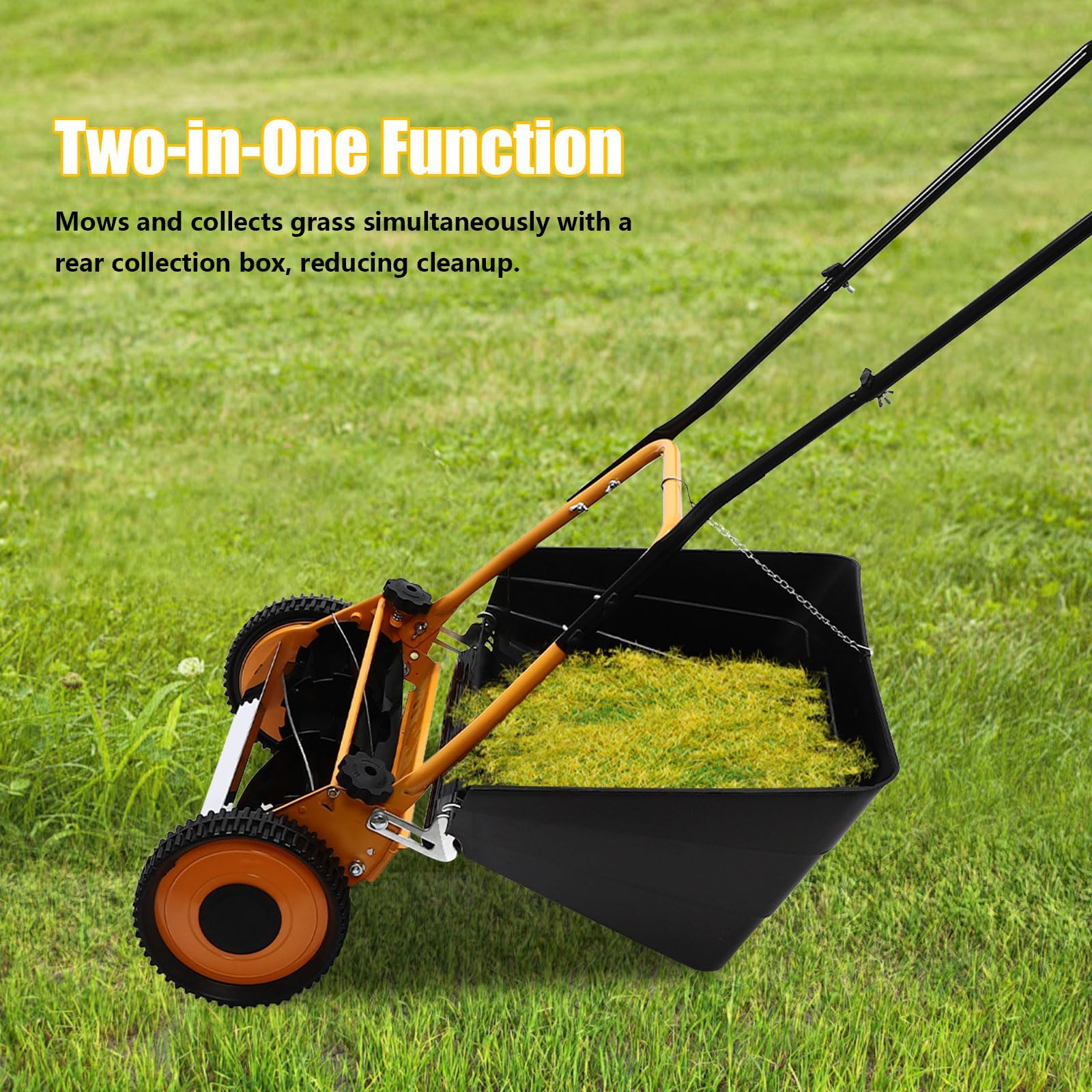Cortacésped manual con carrete de empuje de 16 pulgadas, barredora de césped con caja de recogida, altura de corte ajustable de 0.47 a 1.65 pulgadas para patios pequeños y jardines
