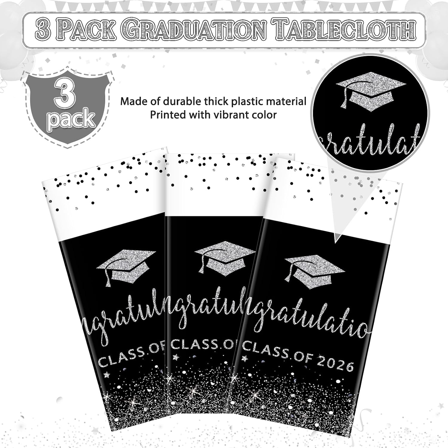3 Pack Class of 2026 Graduation Tablecloths,Foil Dot Plastic Disposable Rectangle Table Covers for 2026 High School University College Graduation Party Decorations,108*54 Inch (Black and Silver)