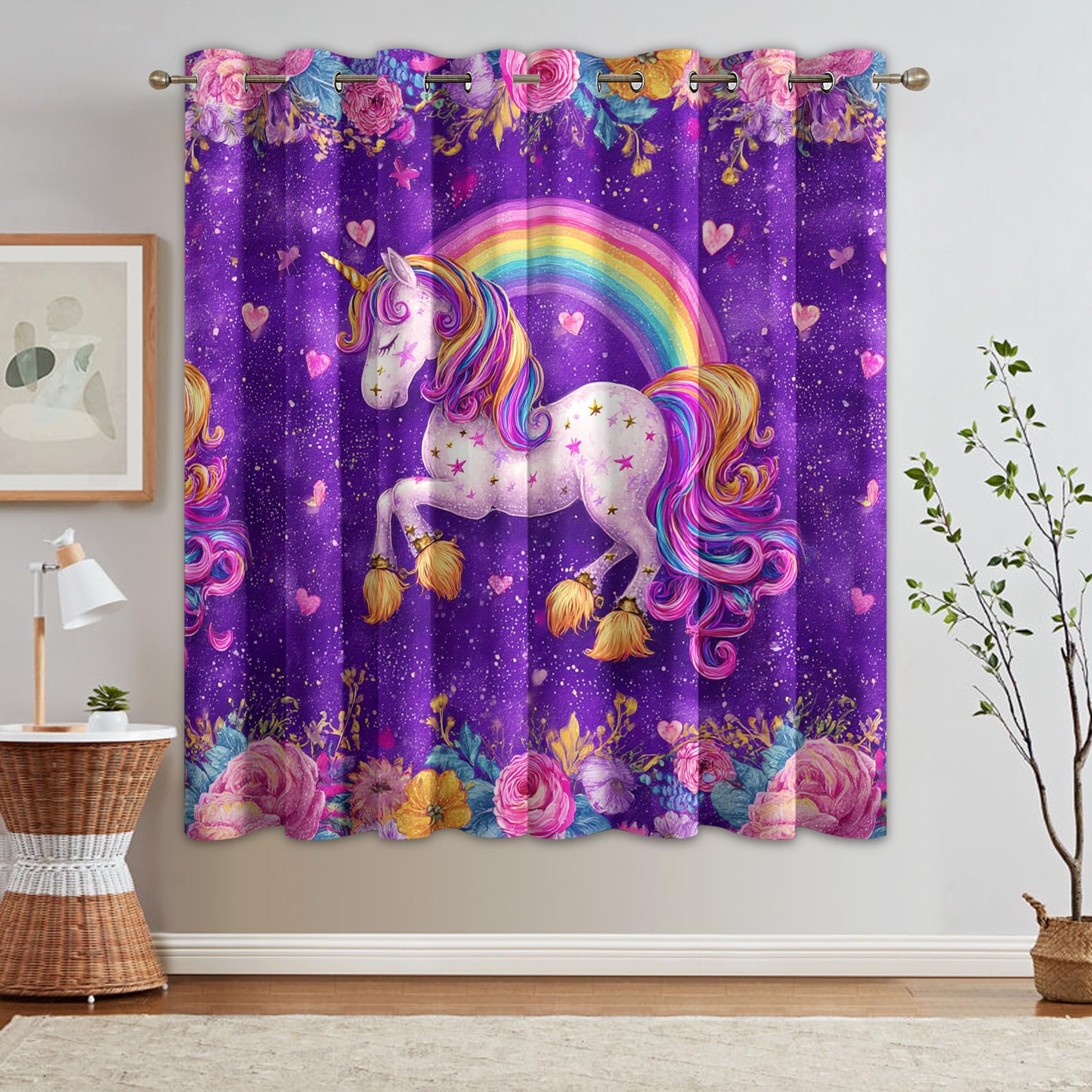 Générique Rideau Occultant Licorne, Lot de 2 Rideaux Occultant Thermique Isolant à Oeillets, Motif Enfants Filles Arcs-en-Ciel, Decoration Chambre Salon Fenetre, 140 L x 260 H (A-919)