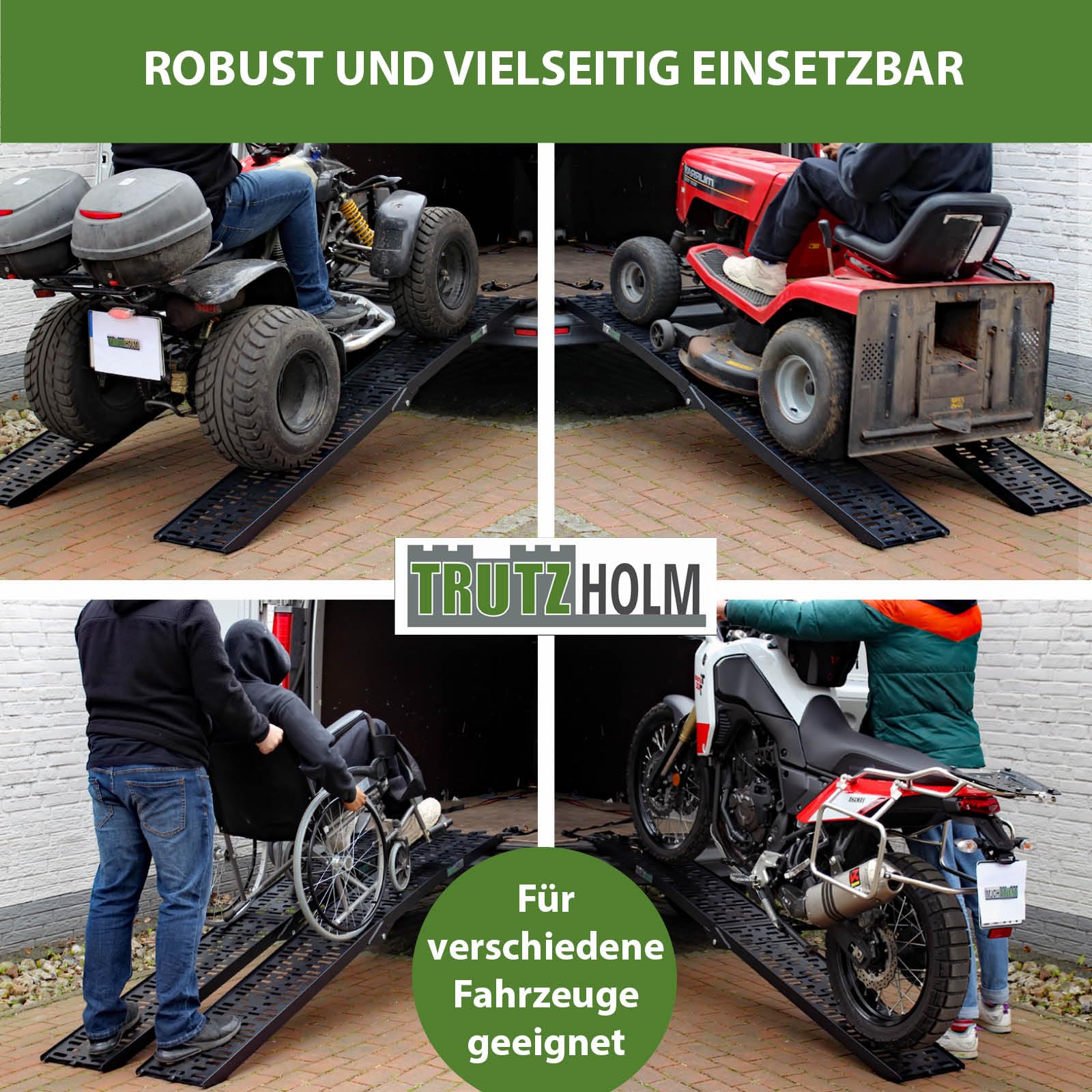 TRUTZHOLM Auffahrrampe klappbar Länge 228 cm Traglast 340 je Stück Motorradrampe Aluminium gelochte rutschfeste Lauffläche gummierte Auflage Verladerampe für Motorräder Roller E-Bike schwarz (1)