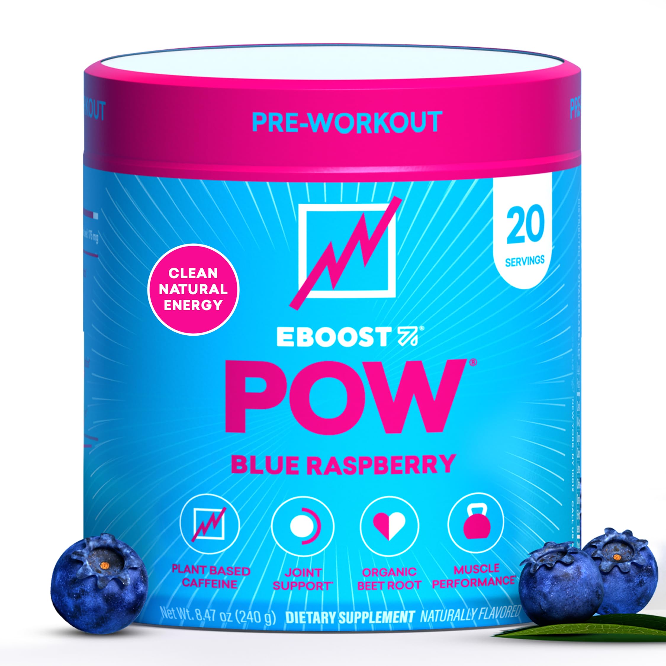 EBOOST POW Natural Pre Workout Powder – 20 Servings - Blue Raspberry - A PreWorkout Supplement for Performance, Joint Mobility Support, Energy - Men and Women - Non-GMO, Gluten-Free, No Creatine