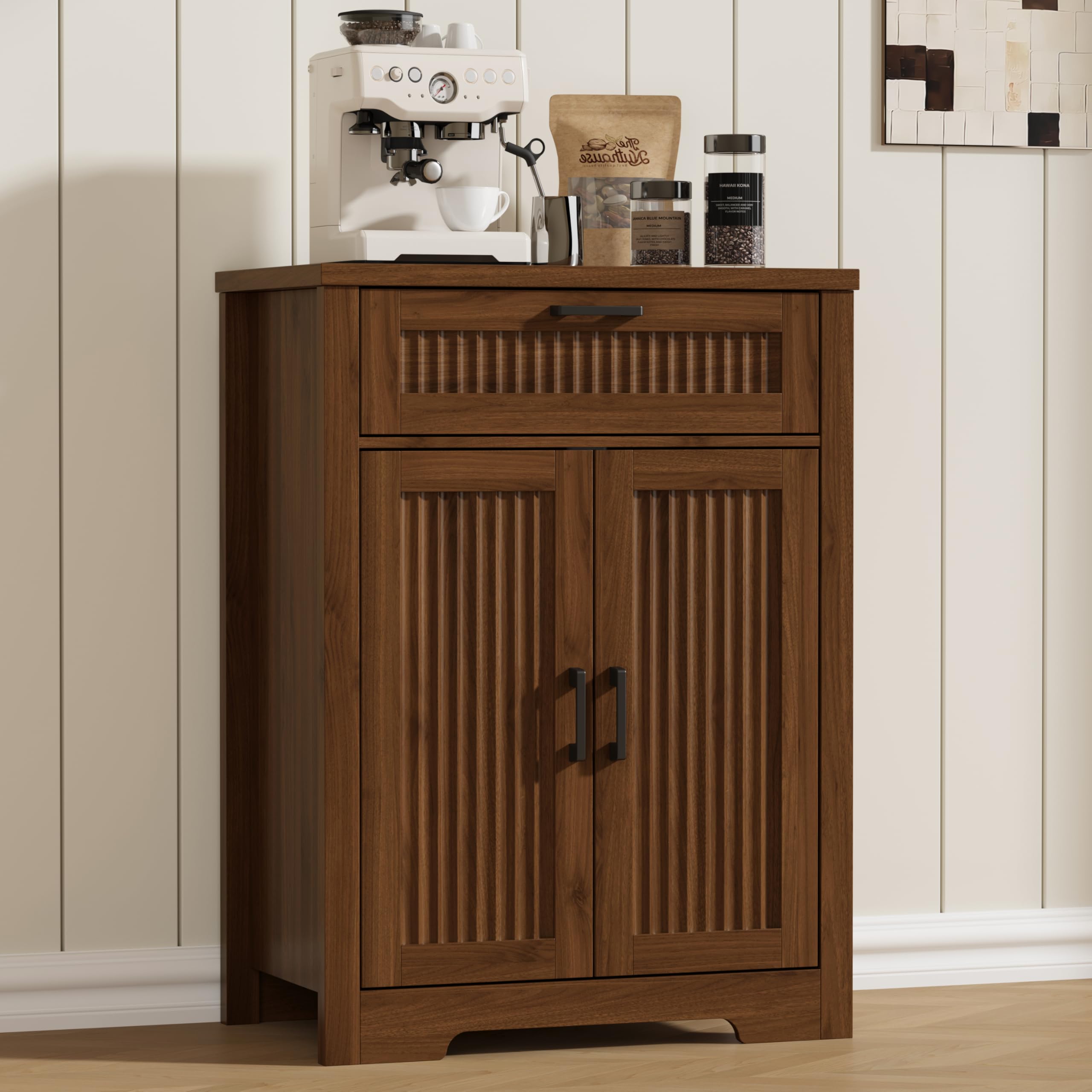 Modern walnut fluted coffee bar cabinet with drawer