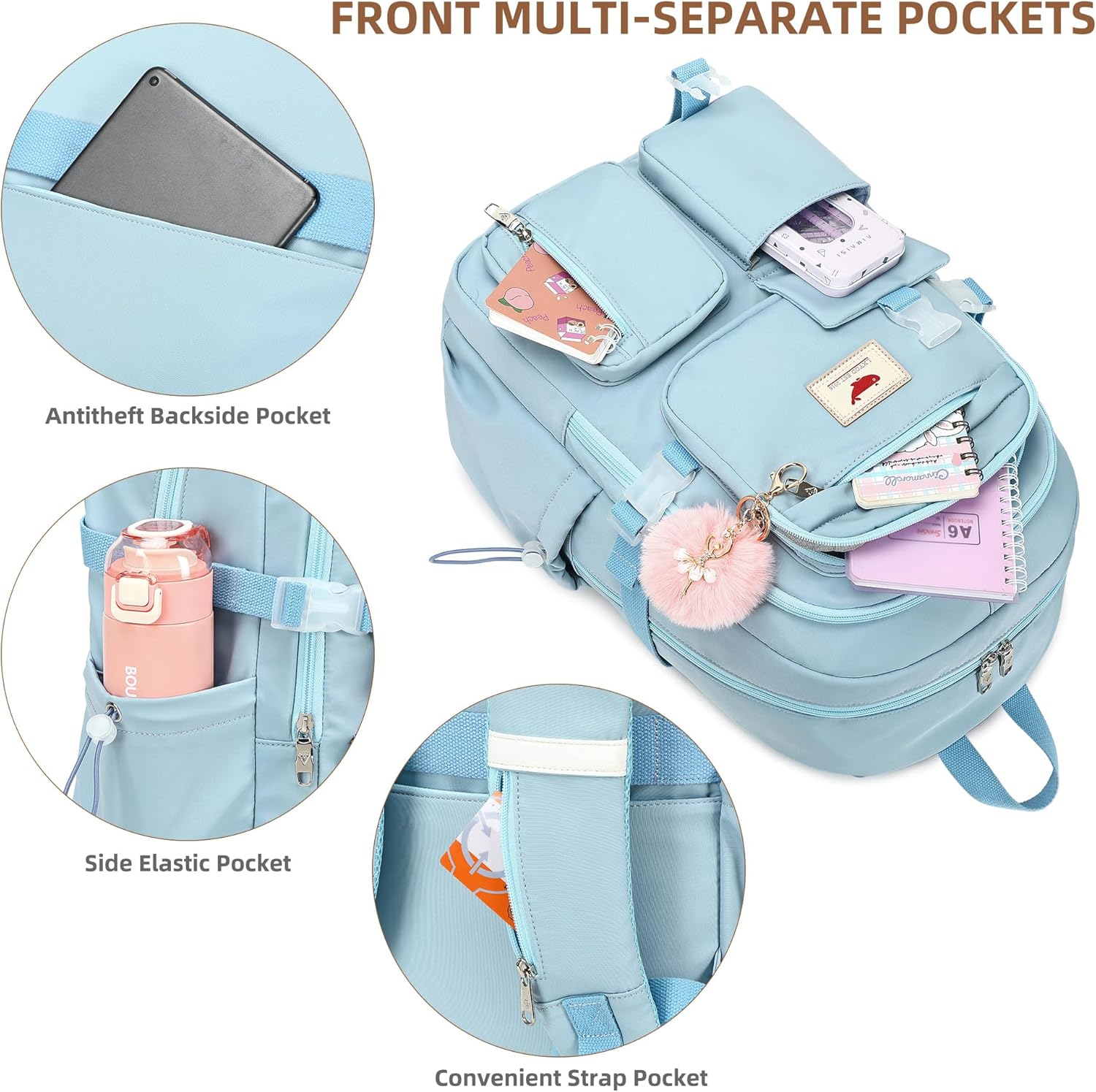 Laptop Backpack 15.6 Inch Elementary Middle High School Bag College Backpacks with Lunch Box Pencil Pouch 3 PCS Set Travel Bookbags for Teens Girls Women Students (Blue) - Image 3