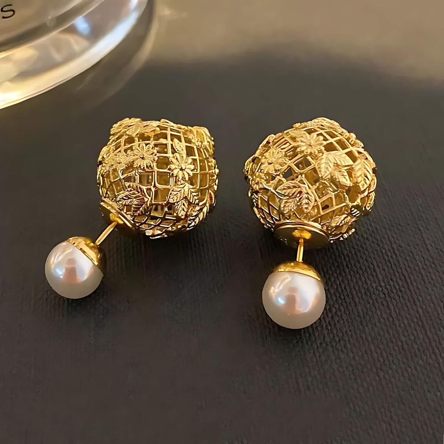 Bernice Exquisite Camellia Blossom Pearl Earrings 18K Gold Plated Stud Earrings for Women