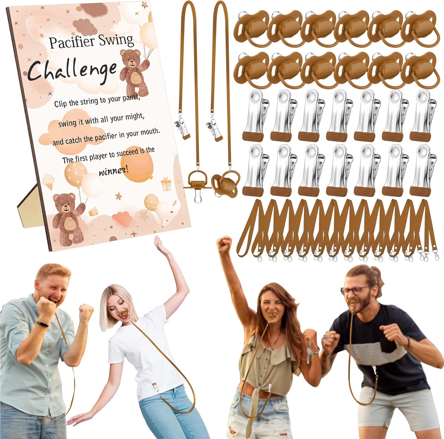 Geelin 12 Sets Swing Pacifier Baby Shower Games Funny Gender Reveal Games, Include 1 Wooden Sign and 12 Plastic Pacifiers for Bridal Baby Shower Gender Reveal Party Women Men(Bear,Brown)