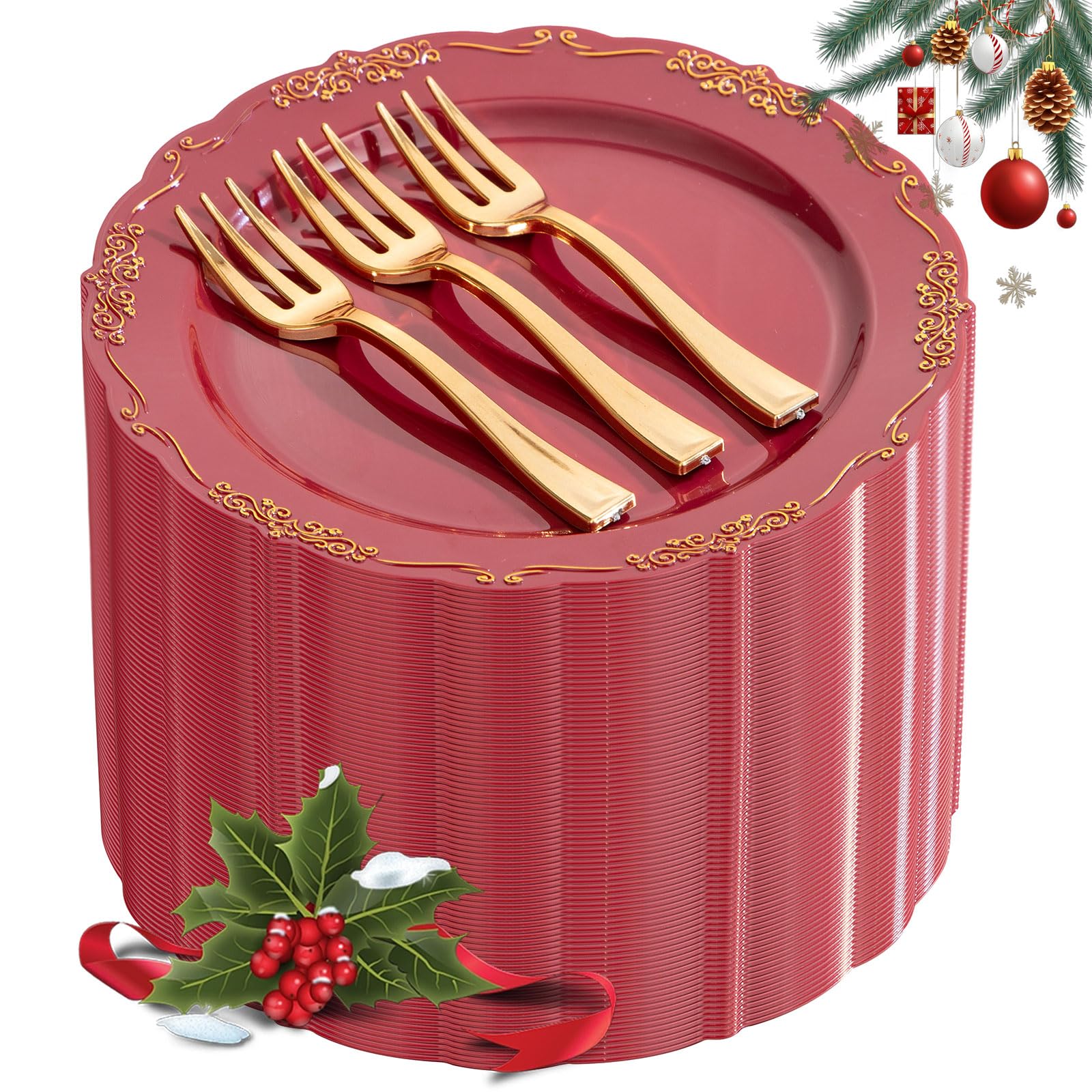 LIYH 100 Pcs Burgundy Gold Plastic Dessert Plates with 100 Pcs Gold Dessert Forks, Disposable Red Salad Plates Includes 100 Appetizer Plate 7.5"and 100 Golden Cake Forks 5 "
