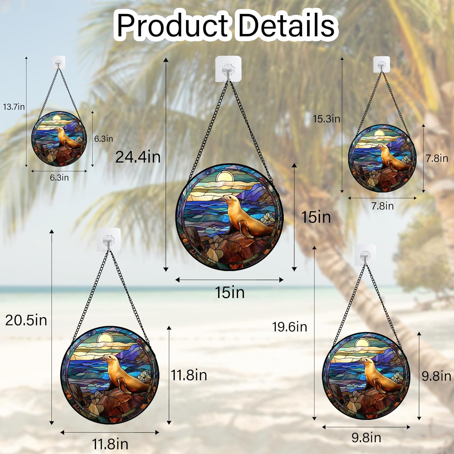 Stained Glass Window Hanging Blue Ocean Sunset Scenery Sea Lion Large 15" - Suncatcher Door Garden Sun Catcher Home Decor Birthday Mother's Day for Men Mom Woman Nana Wife