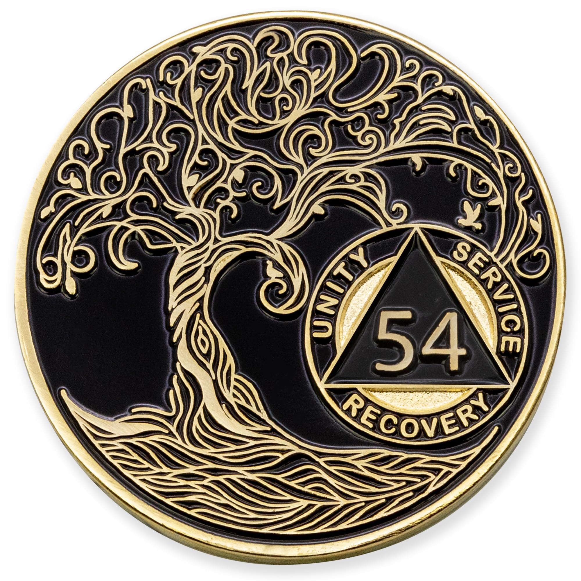 1 to 50 Year Twisted Tree of Life Sobriety Coin - Gold Plated AA Chips &amp; Medallions - 54 Year Sobriety Coin - Black